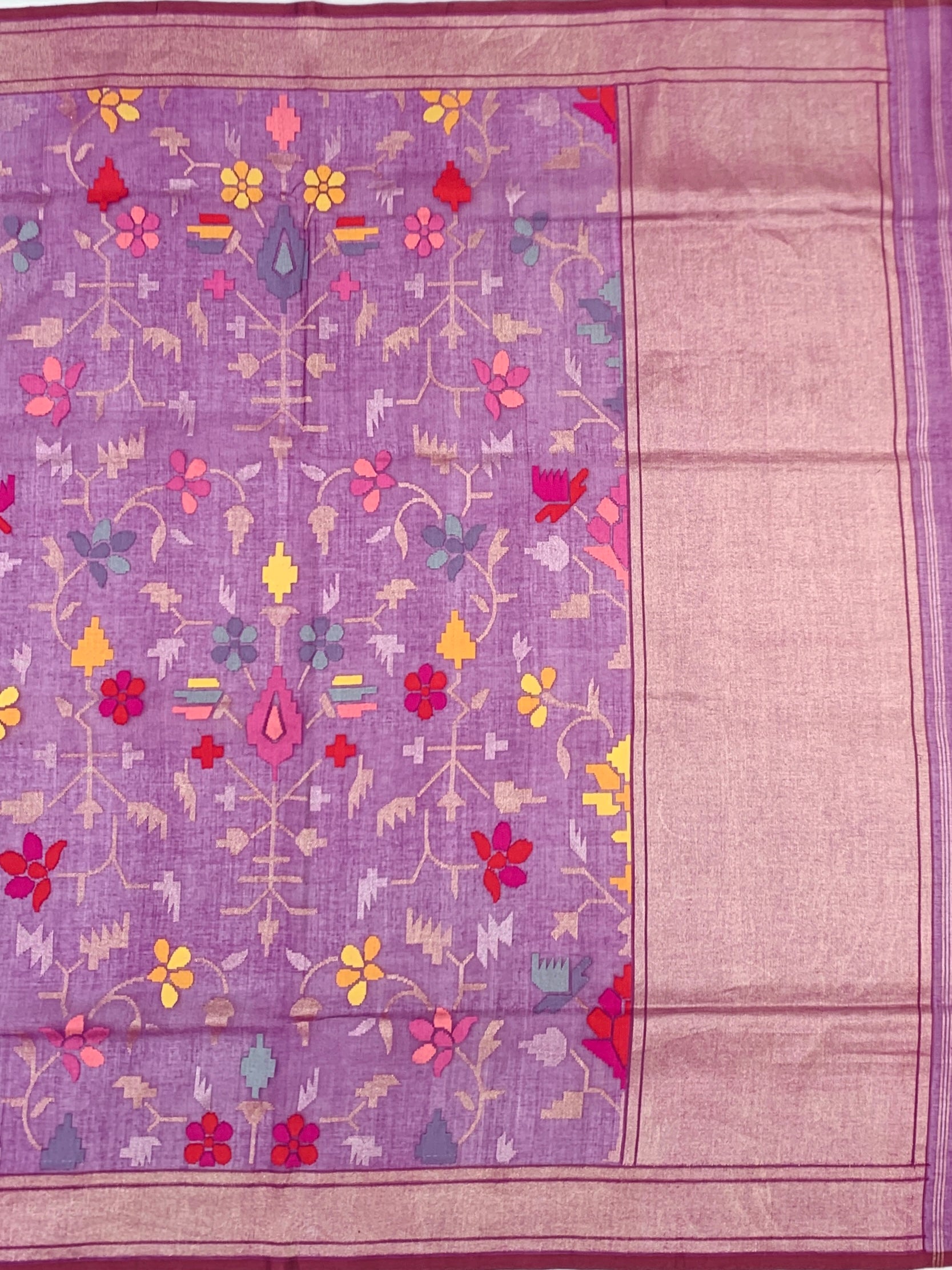 Deep Plum and Lavender Cotton Jamdani Saree with Multi-Color Woven Motifs