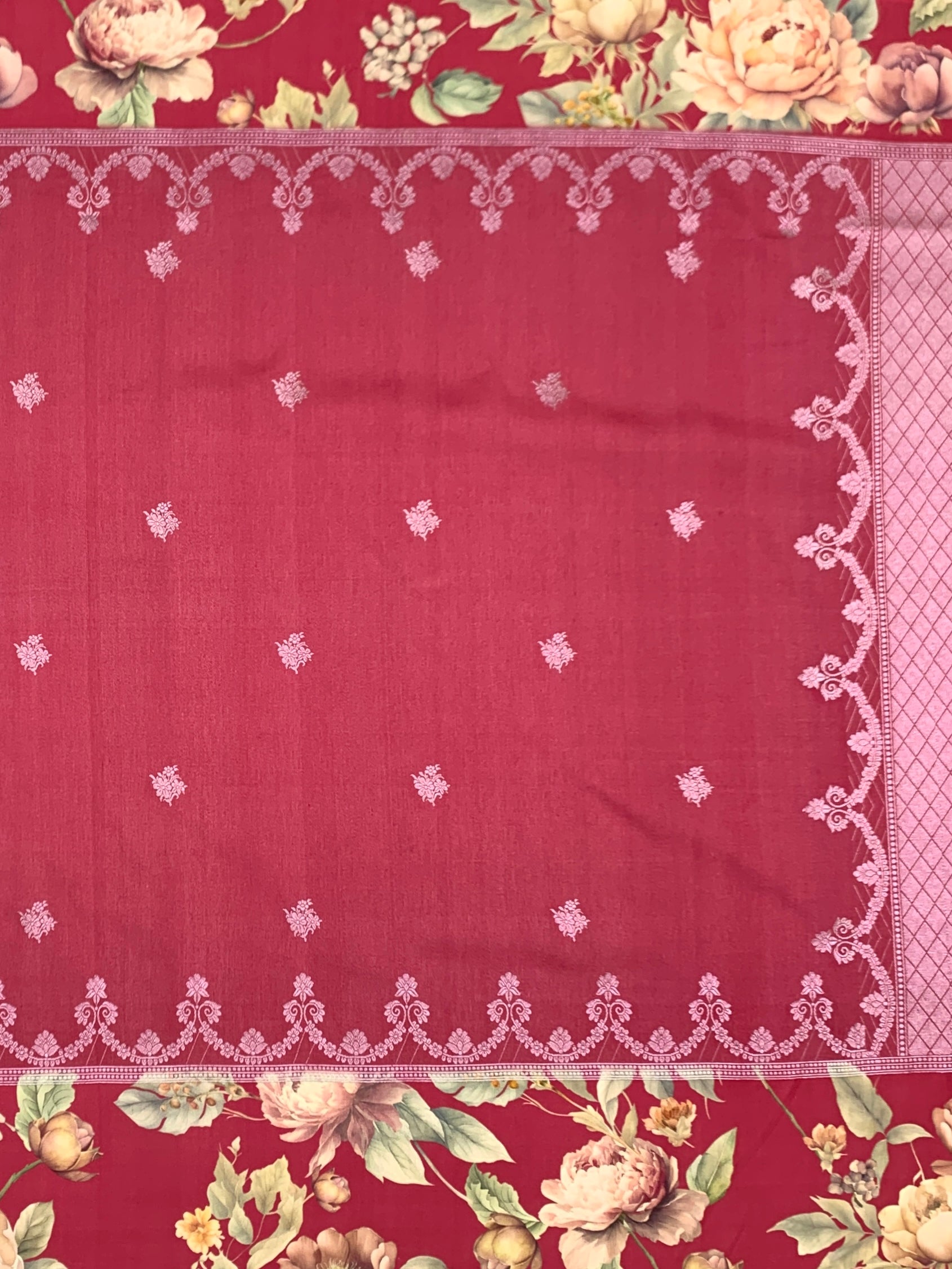 Crimson Bloom: Vintage Floral & Embroidered Tussar Silk Saree