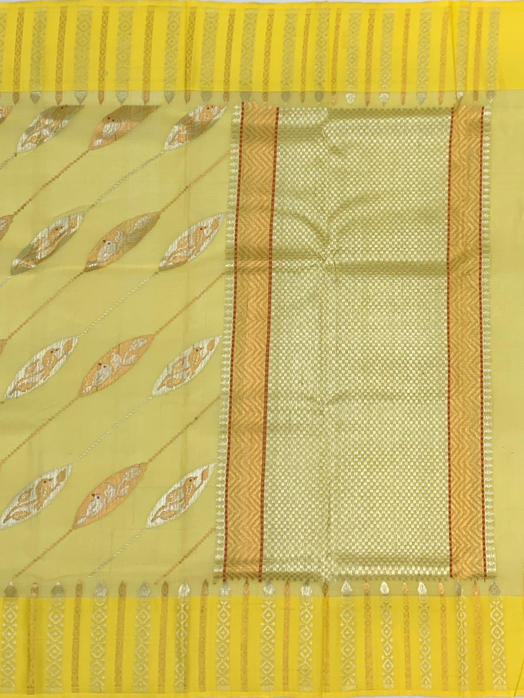 Sunshine Yellow Zari Kota Saree with Leaf Motifs