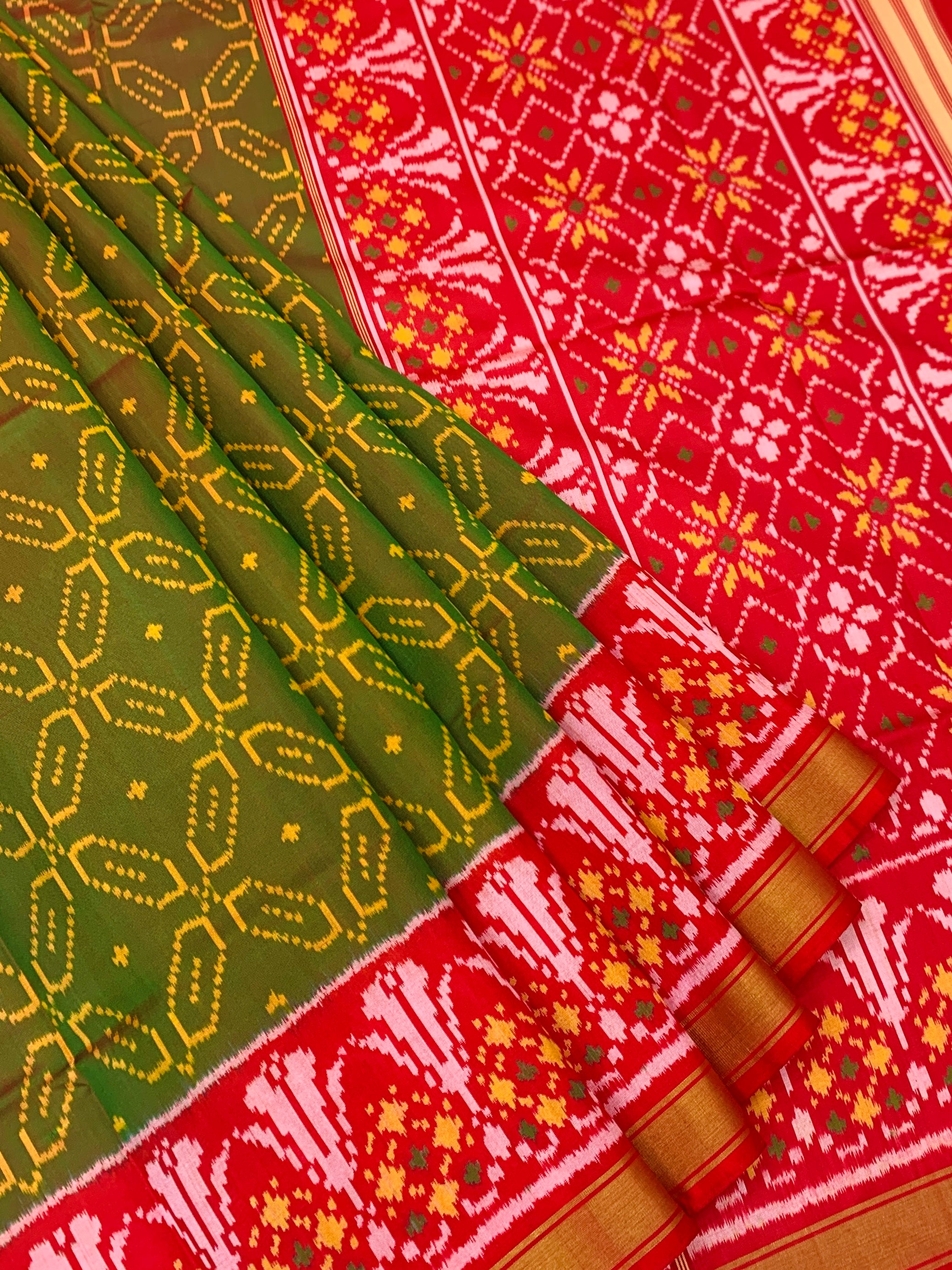 Heirloom Olive Green and Crimson Red Rajkot Patola Silk Saree