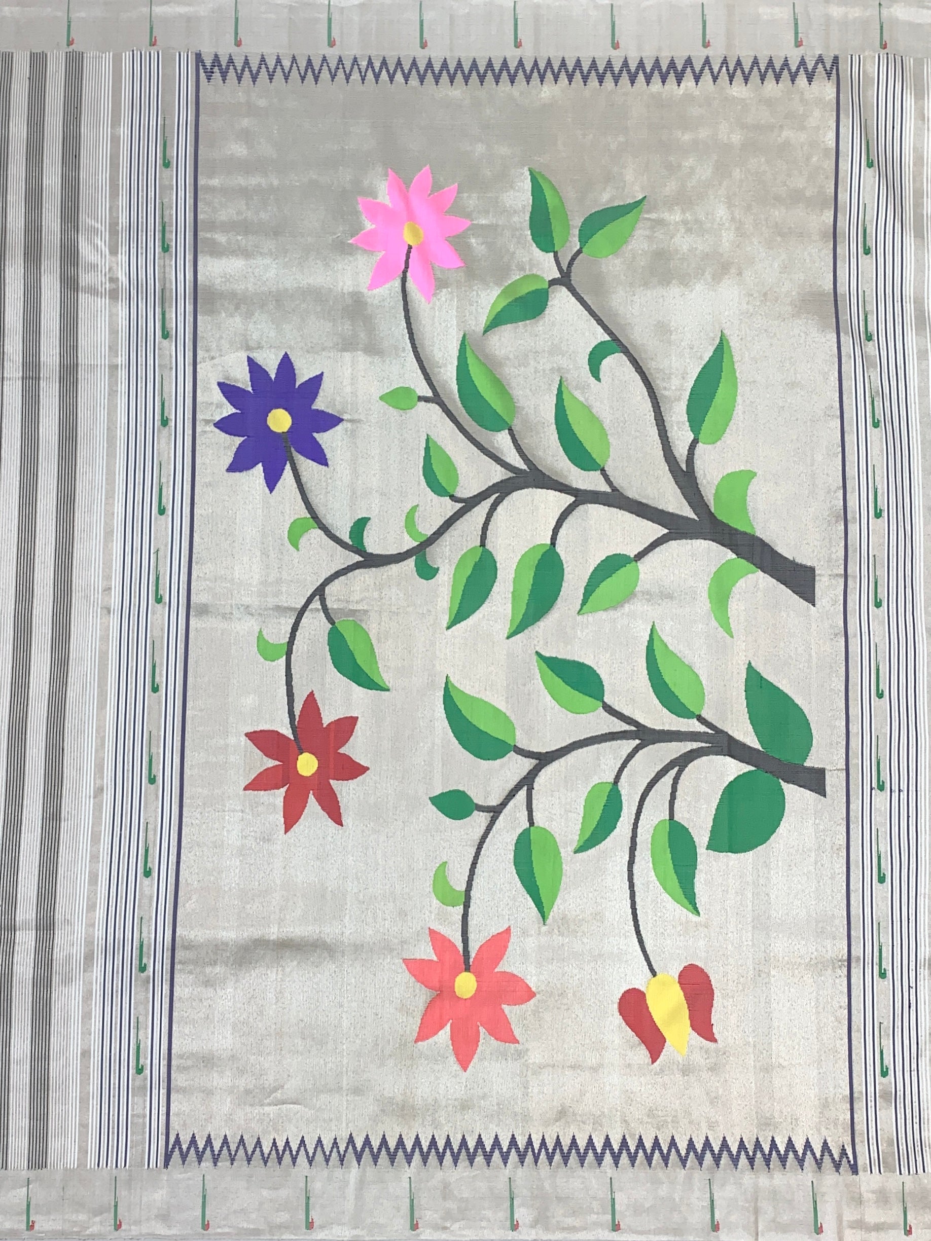 Contemporary Pearl & Silver Striped Paithani Silk Saree with Floral Pallu