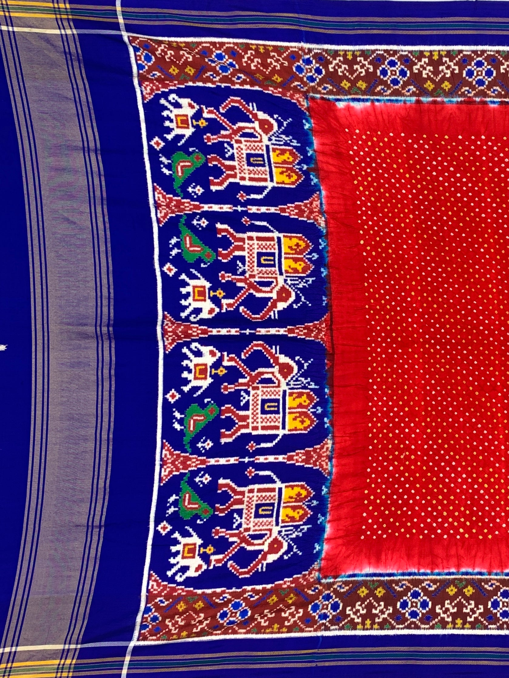Crimson Red & Royal Blue Patan Patola Bandhani Silk Saree