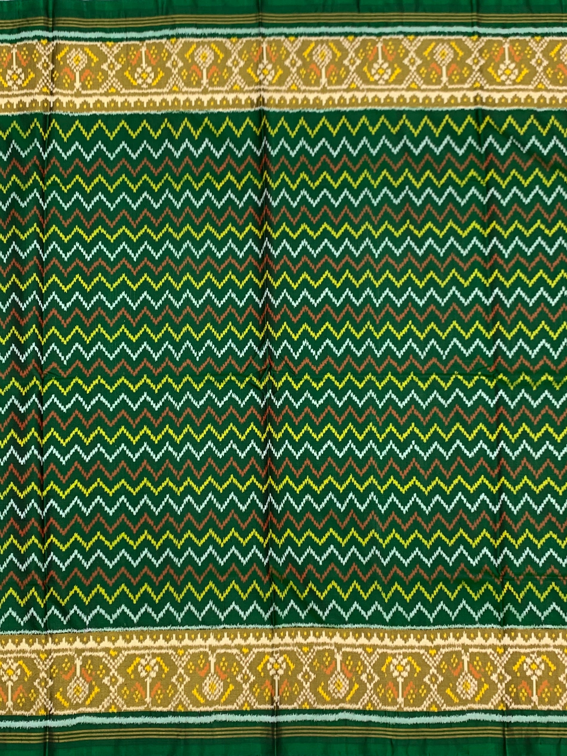Emerald Green Chevron Waves: Heritage Rajkot Patola Silk Saree