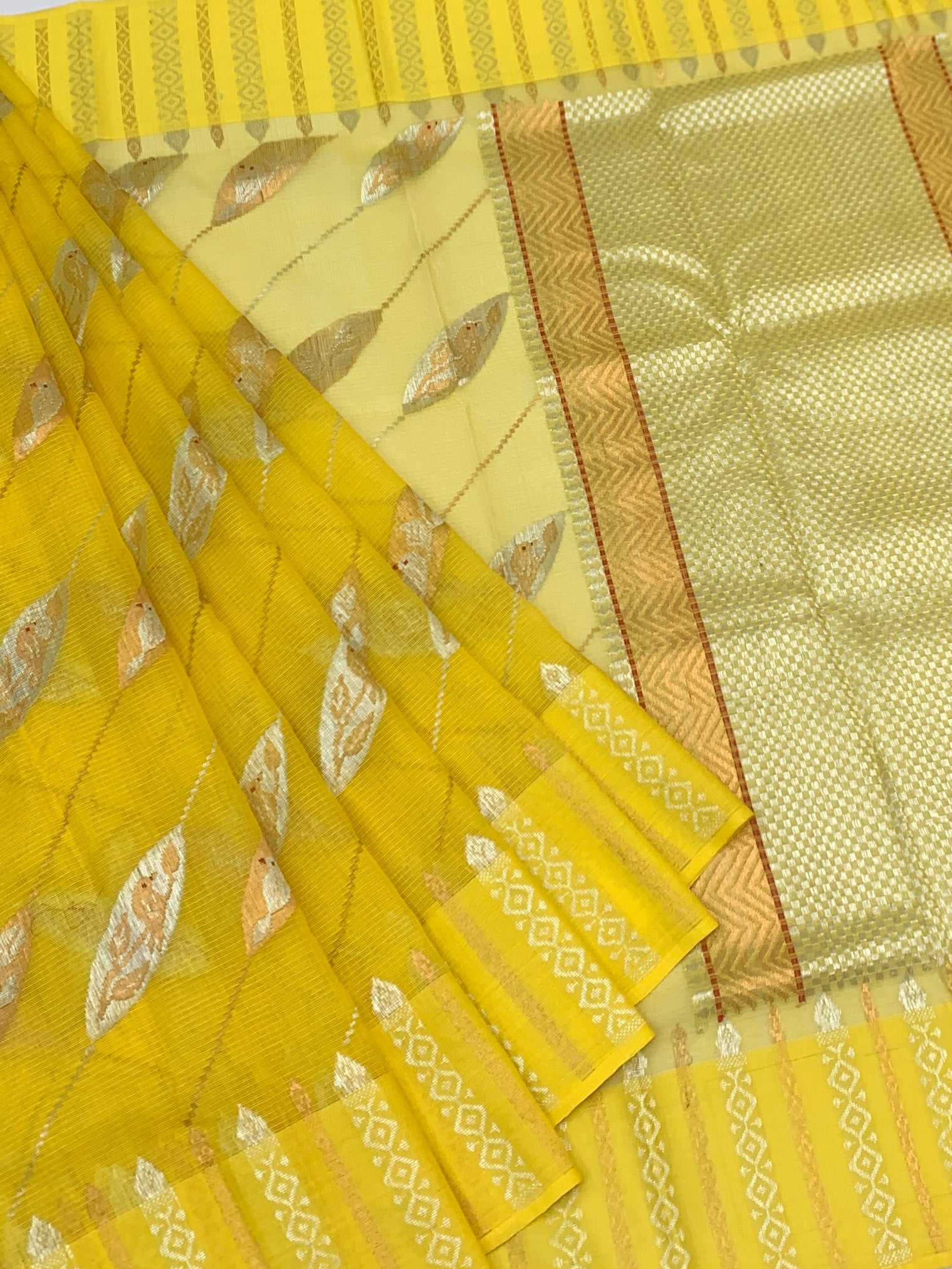 Sunshine Yellow Zari Kota Saree with Leaf Motifs
