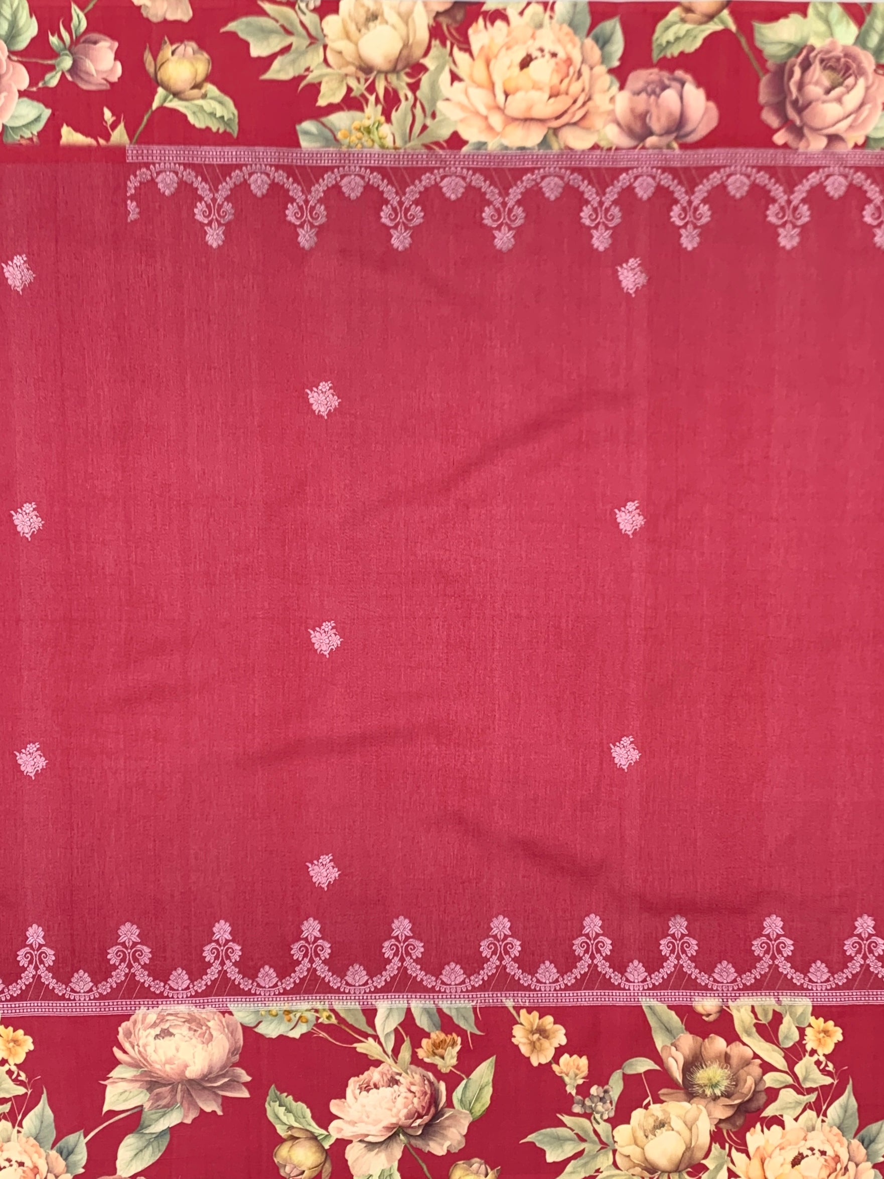 Crimson Bloom: Vintage Floral & Embroidered Tussar Silk Saree