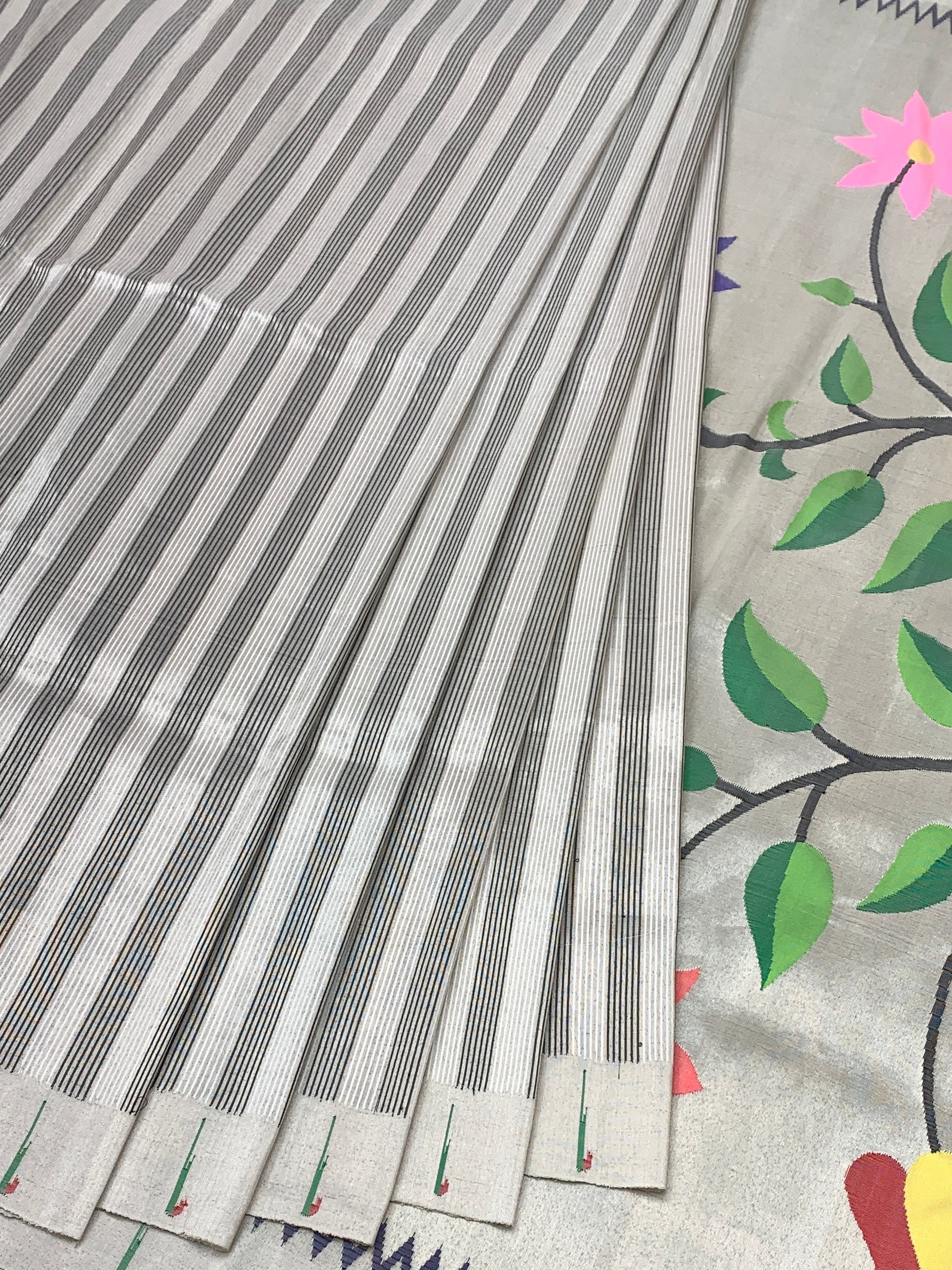 Contemporary Pearl & Silver Striped Paithani Silk Saree with Floral Pallu
