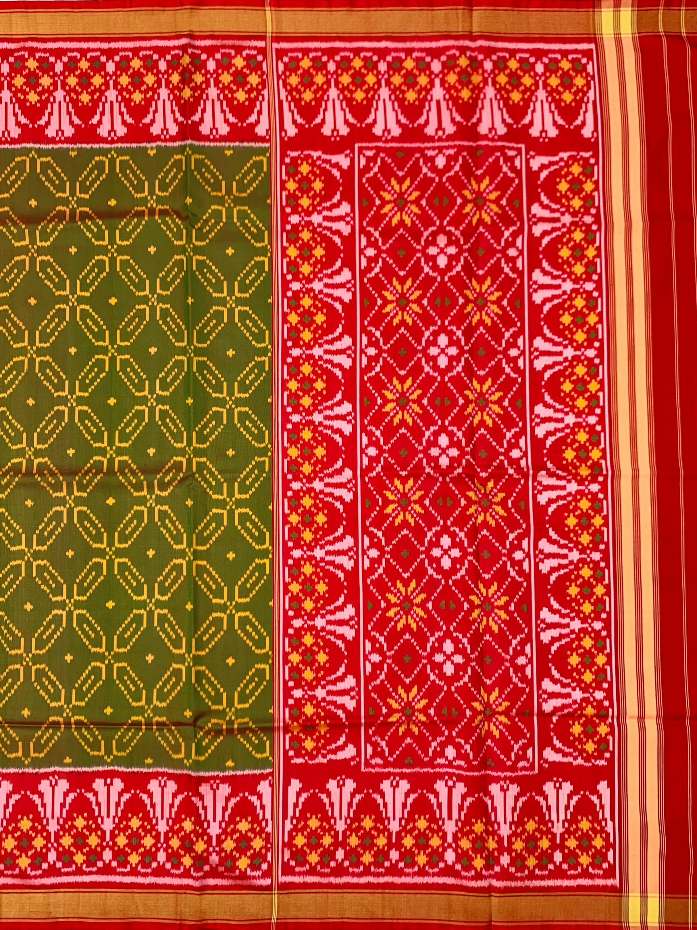 Heirloom Olive Green and Crimson Red Rajkot Patola Silk Saree
