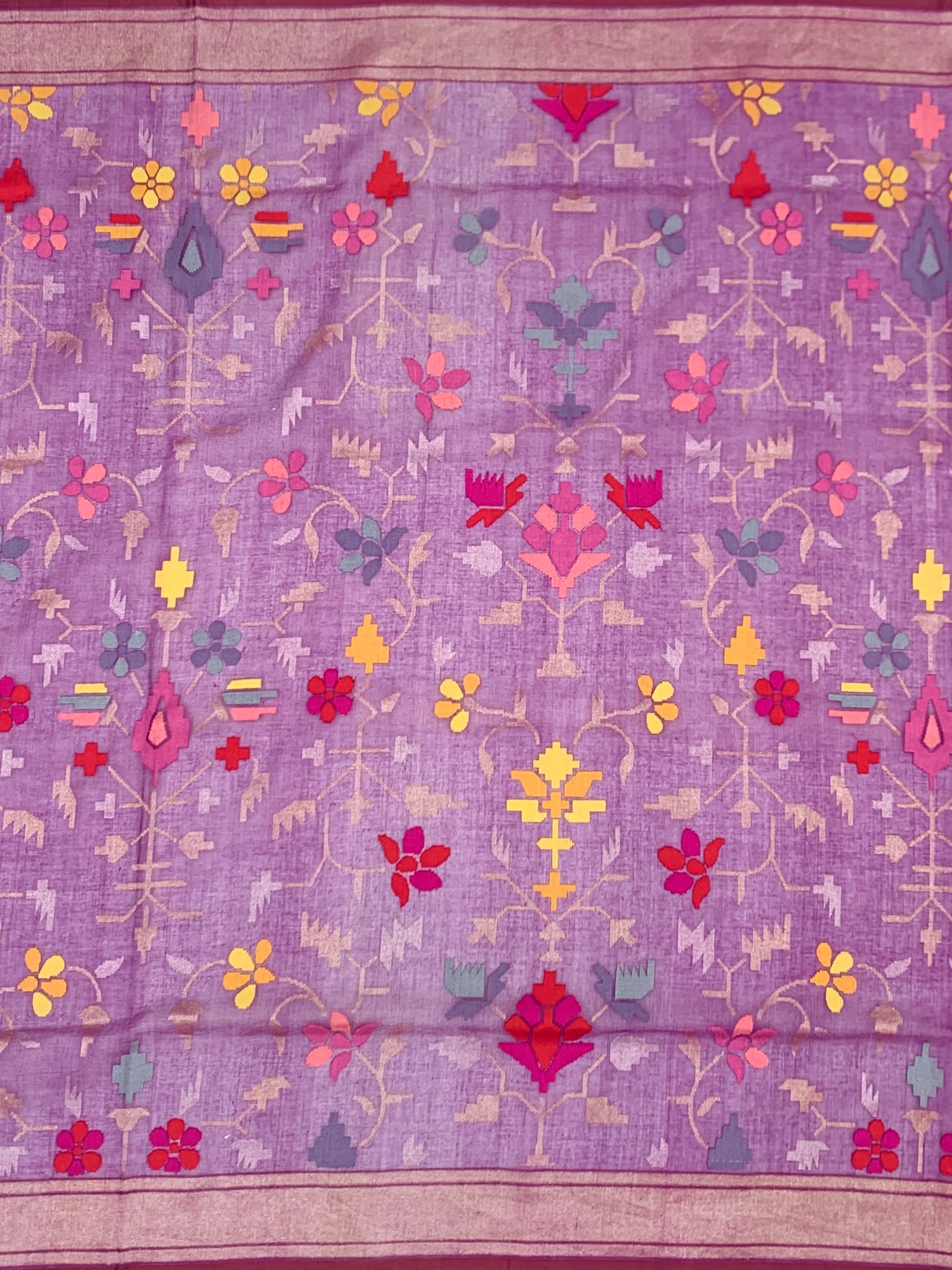 Deep Plum and Lavender Cotton Jamdani Saree with Multi-Color Woven Motifs