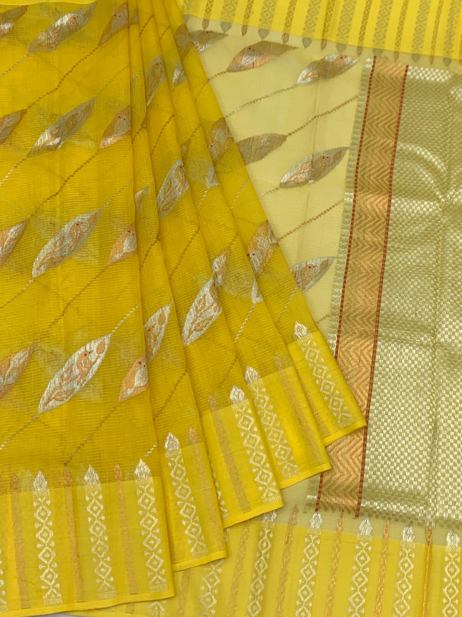 Sunshine Yellow Zari Kota Saree with Leaf Motifs
