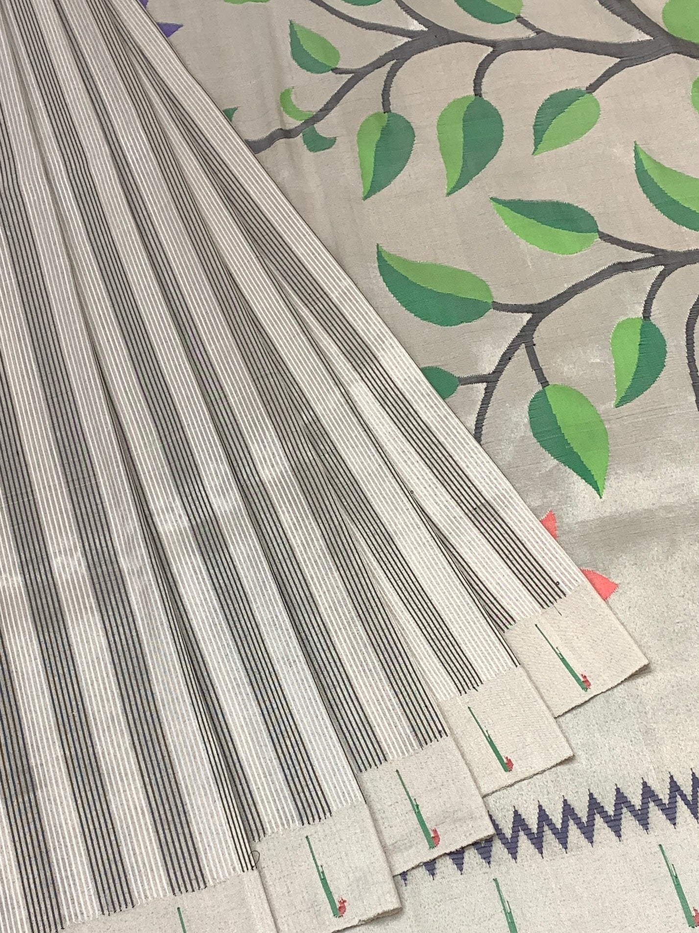 Contemporary Pearl & Silver Striped Paithani Silk Saree with Floral Pallu