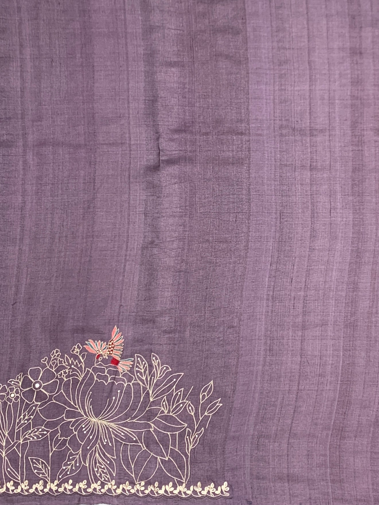 Poetic Mauve: Wavy Stripe Tussar Silk Saree with Floral & Avian Embroidery