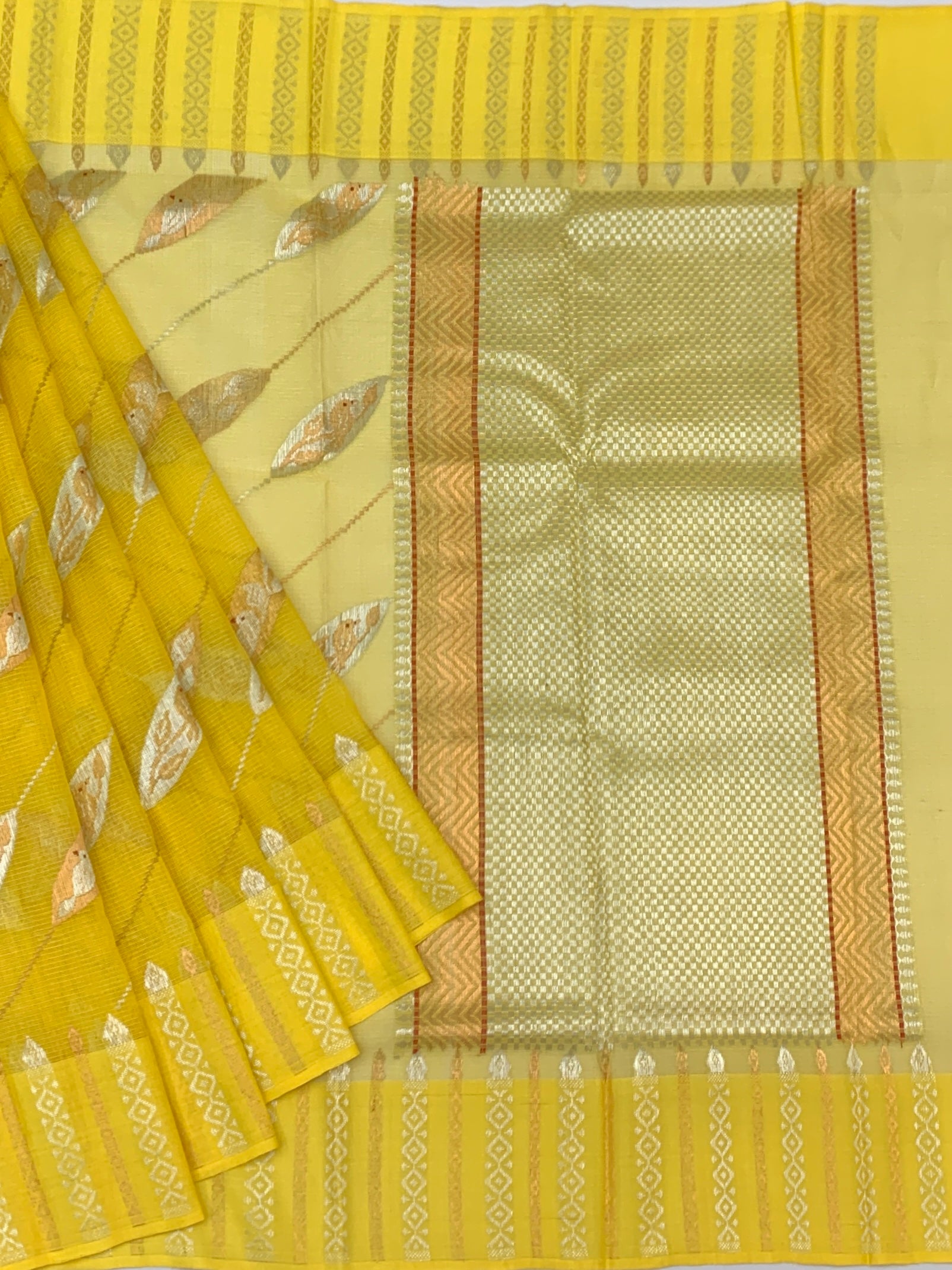 Sunshine Yellow Zari Kota Saree with Leaf Motifs
