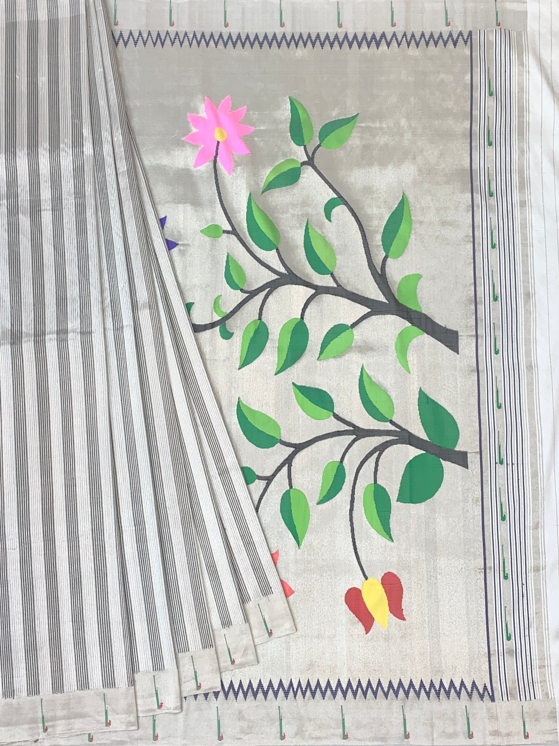 Contemporary Pearl & Silver Striped Paithani Silk Saree with Floral Pallu