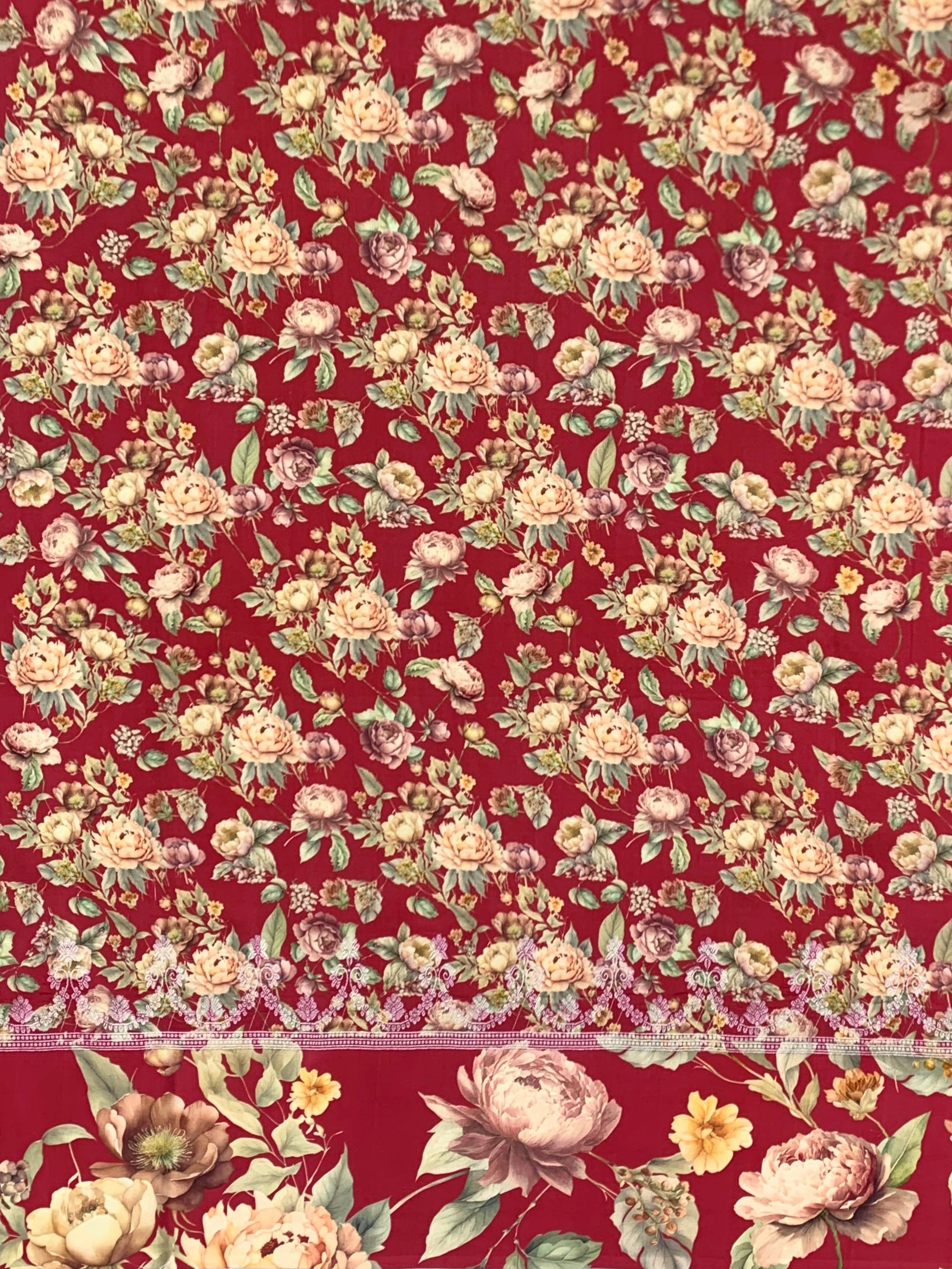 Crimson Bloom: Vintage Floral & Embroidered Tussar Silk Saree
