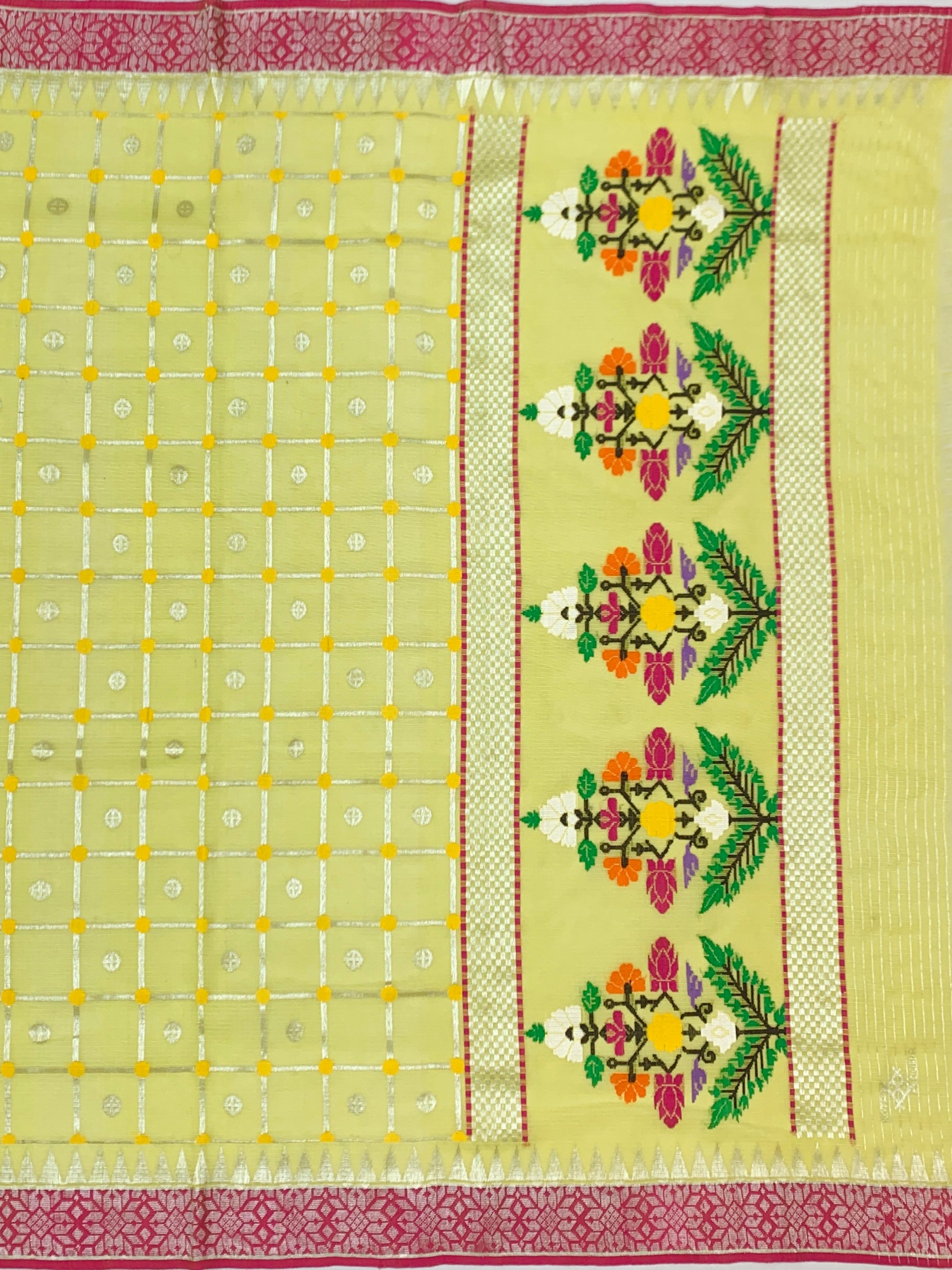 Bright Yellow Zari Kota Saree with Floral Tree Pallu & Rani Pink Blouse
