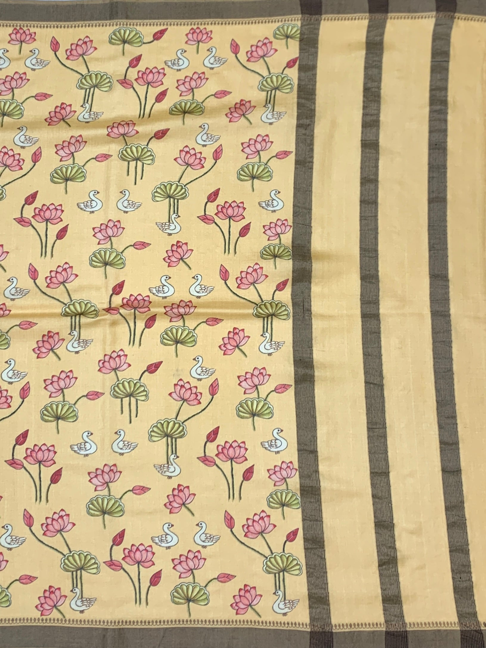 Cream Tussore Saree with Pichwai-Inspired Lotus & Swan Motifs