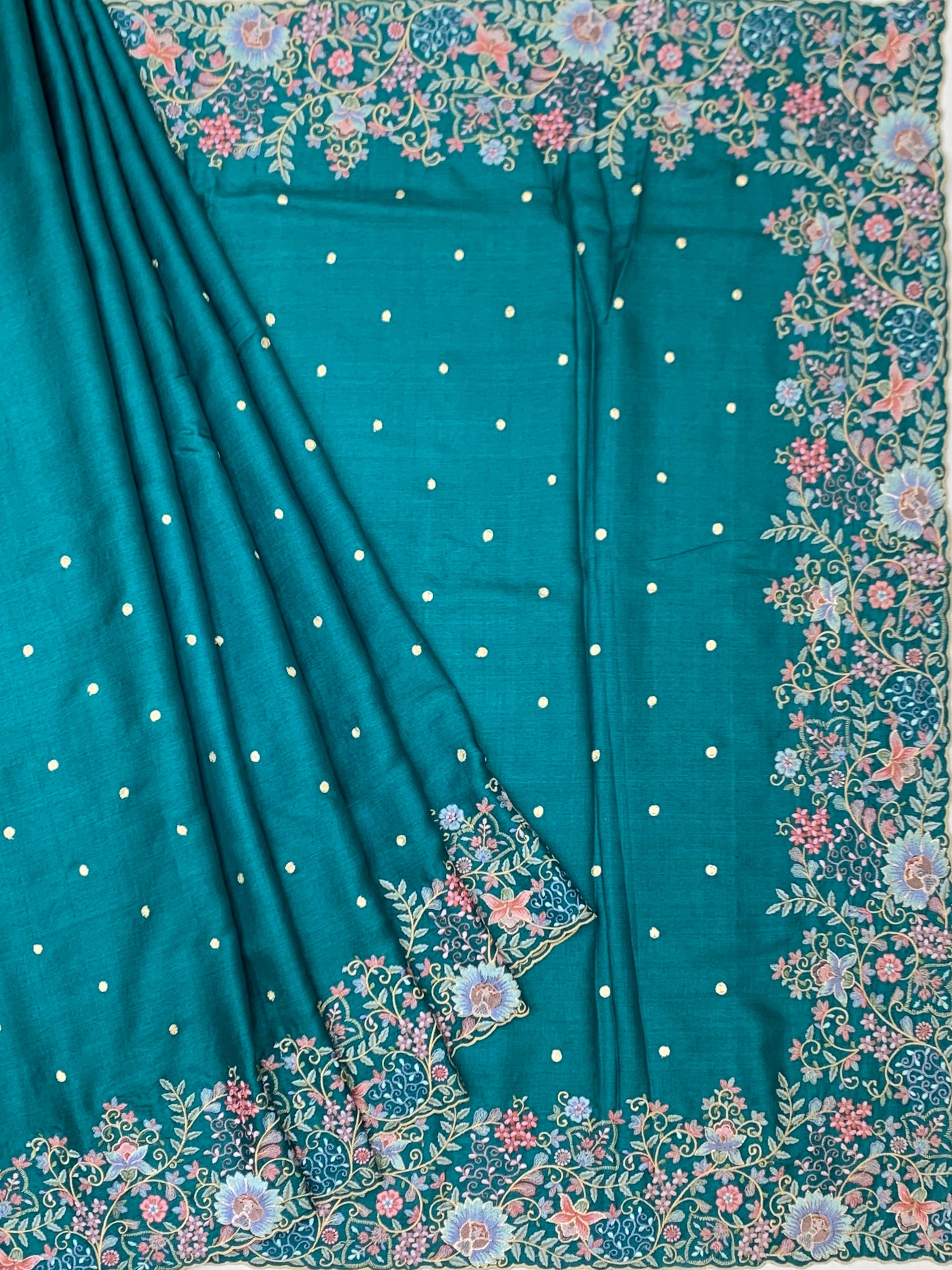 Teal Blossom: Hand-Embroidered Tussar Silk Saree with Designer Blouse