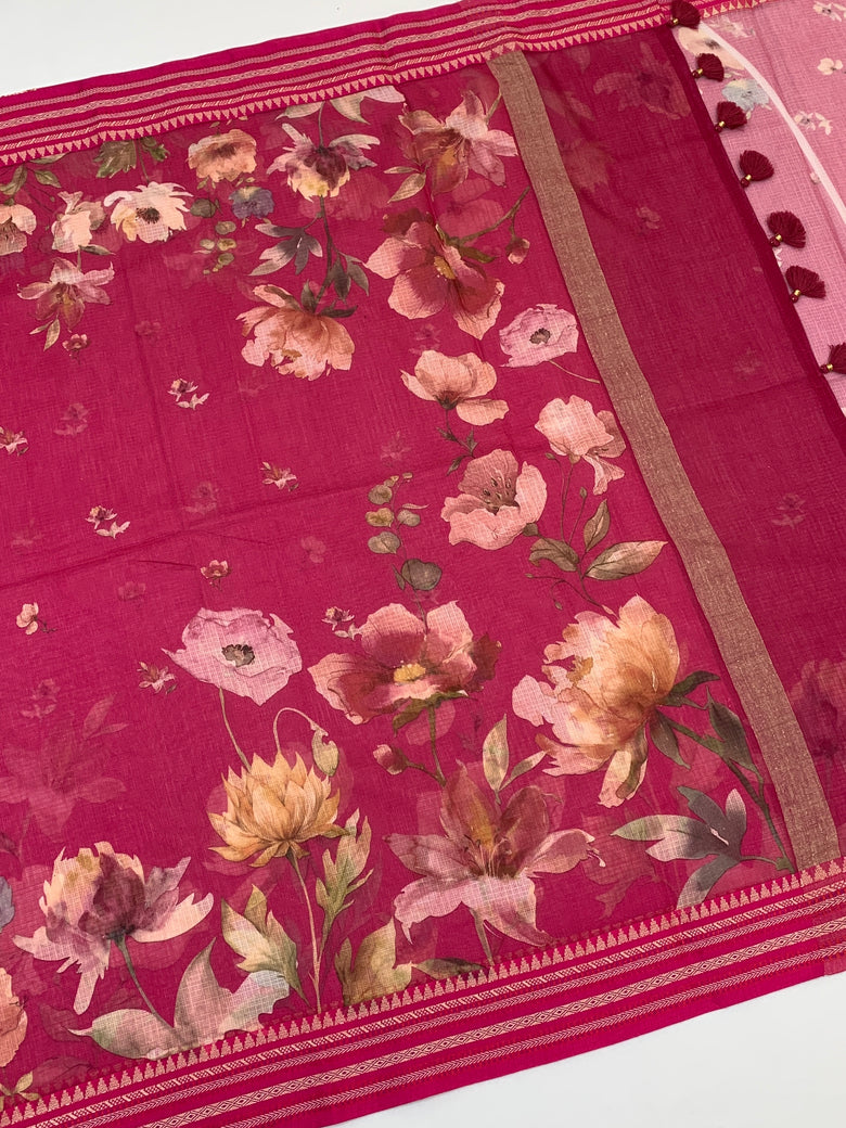 Pink Cotton Kota Floral Printed Saree