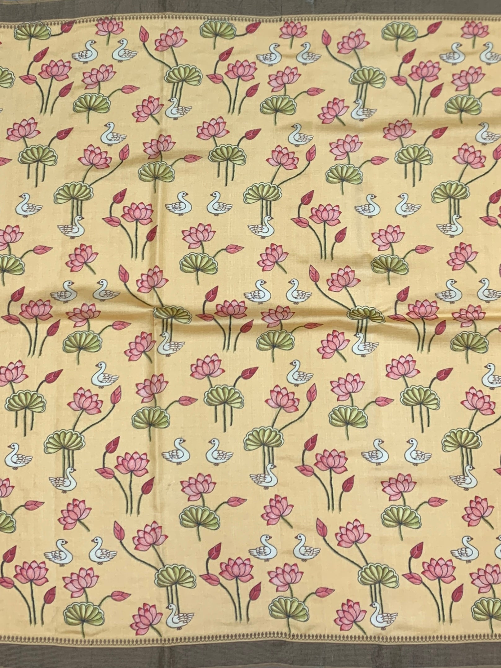 Cream Tussore Saree with Pichwai-Inspired Lotus & Swan Motifs