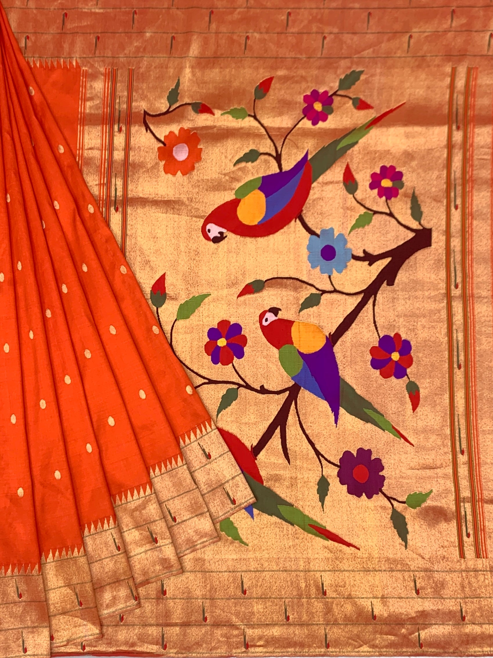 Vibrant Tangerine & Gold Tissue Paithani Silk Saree with Heritage Parrot Pallu