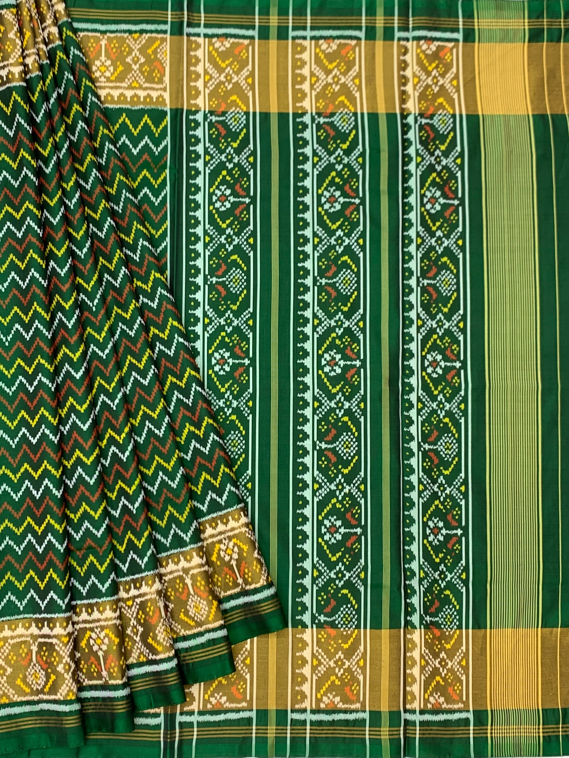 Emerald Green Chevron Waves: Heritage Rajkot Patola Silk Saree