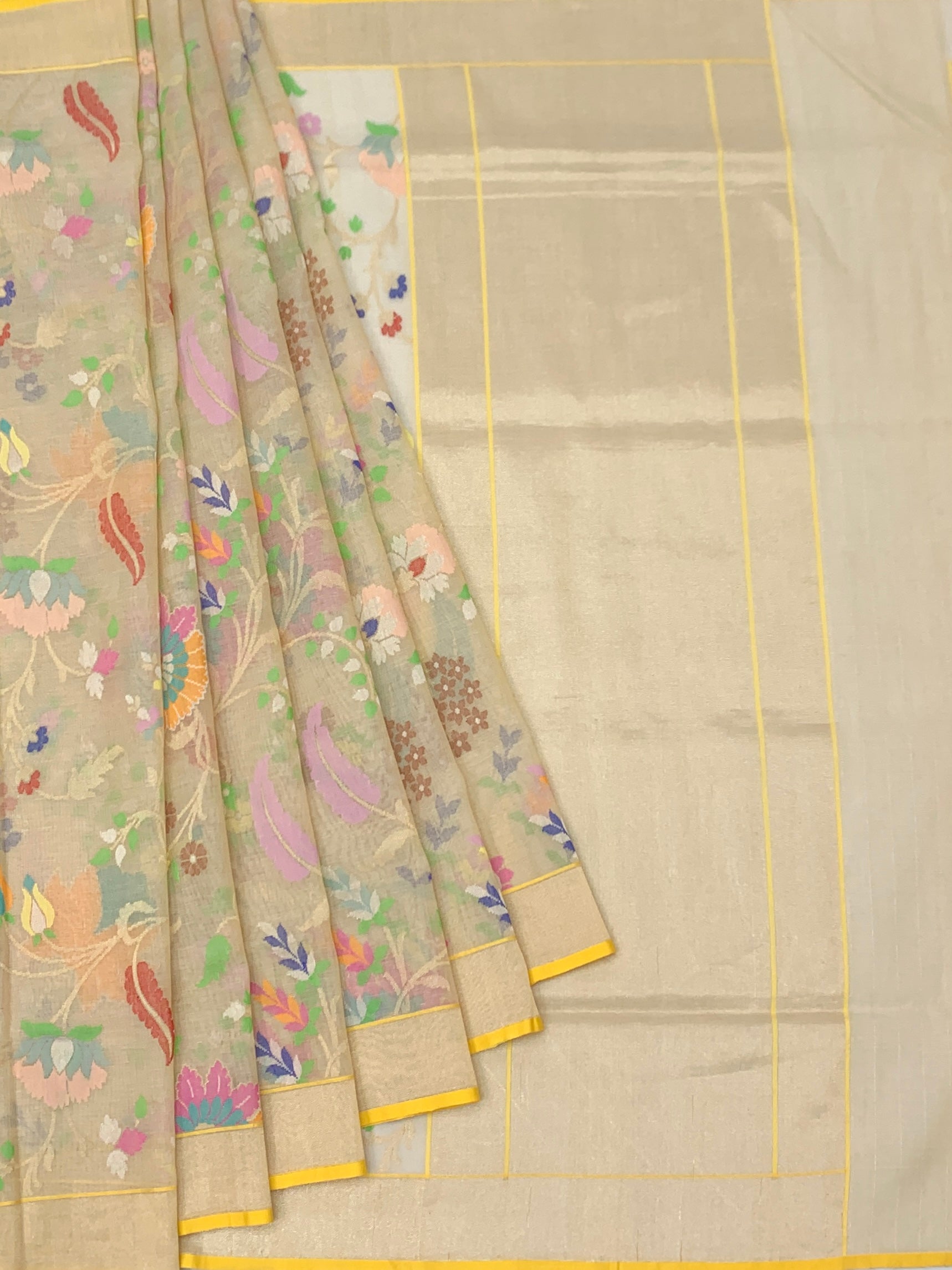 Ethereal Beige Cotton Jamdani Saree with Multi-Color Botanical Florals