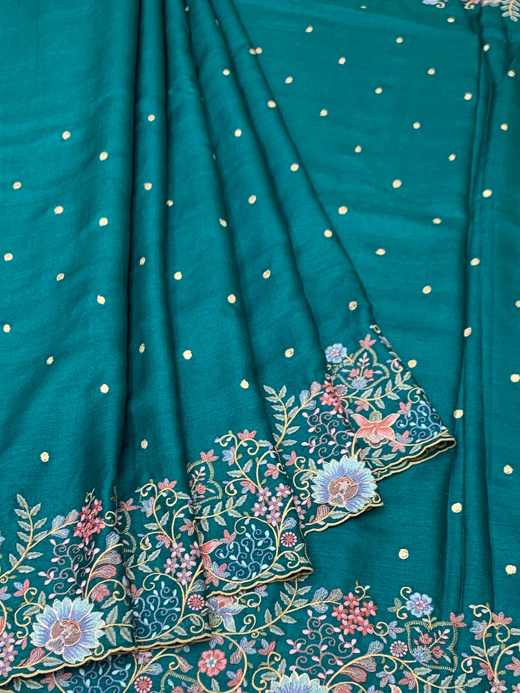 Teal Blossom: Hand-Embroidered Tussar Silk Saree with Designer Blouse
