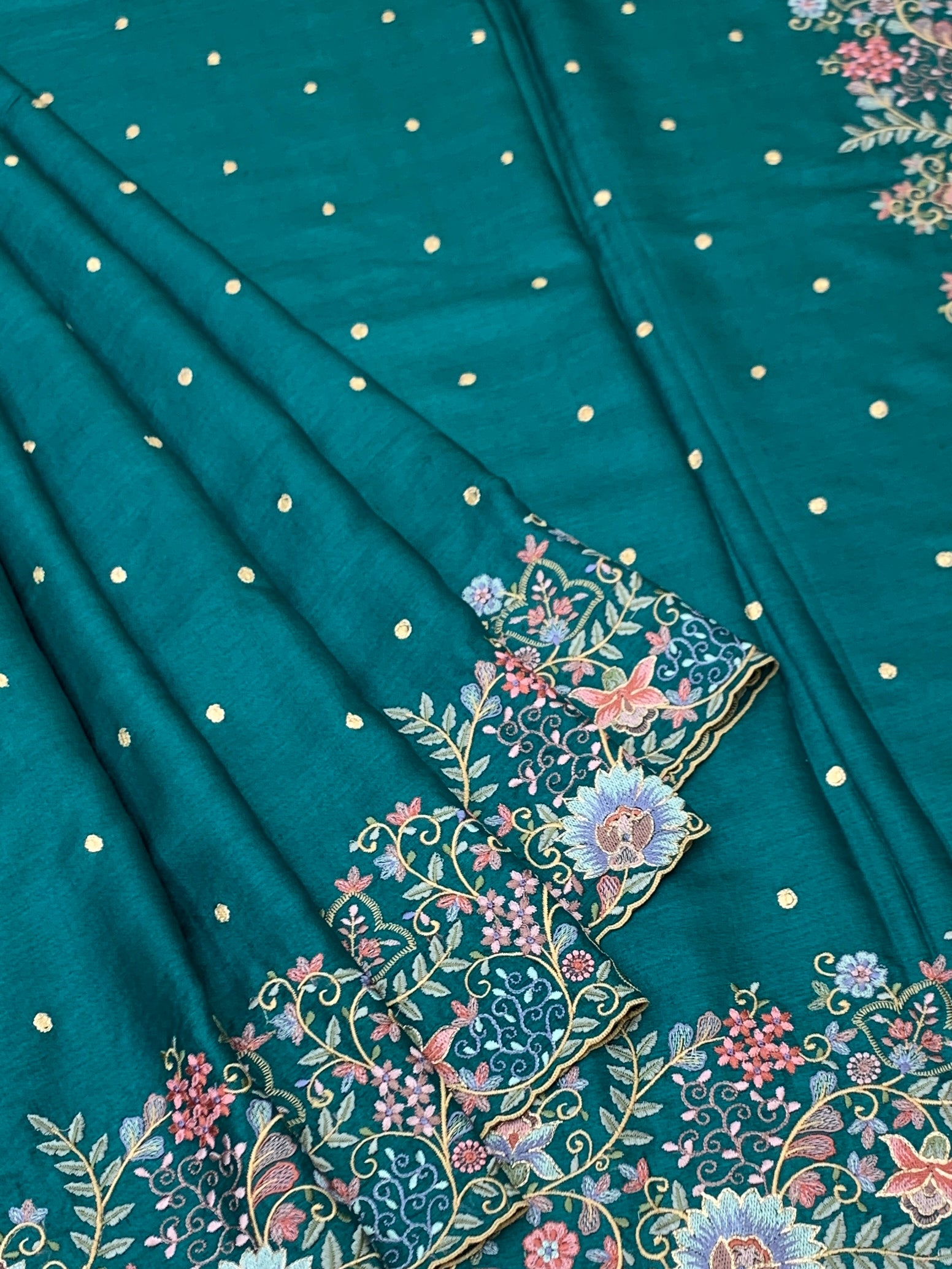 Teal Blossom: Hand-Embroidered Tussar Silk Saree with Designer Blouse