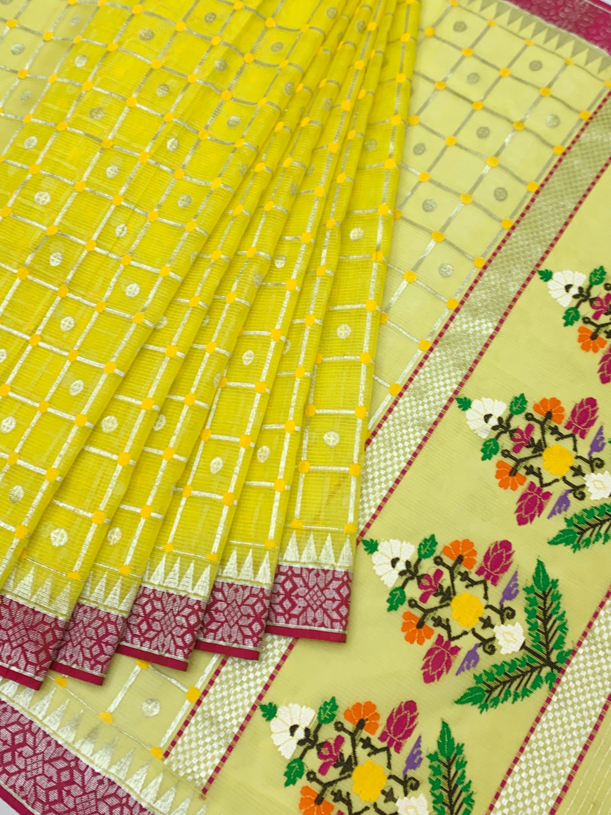 Bright Yellow Zari Kota Saree with Floral Tree Pallu & Rani Pink Blouse
