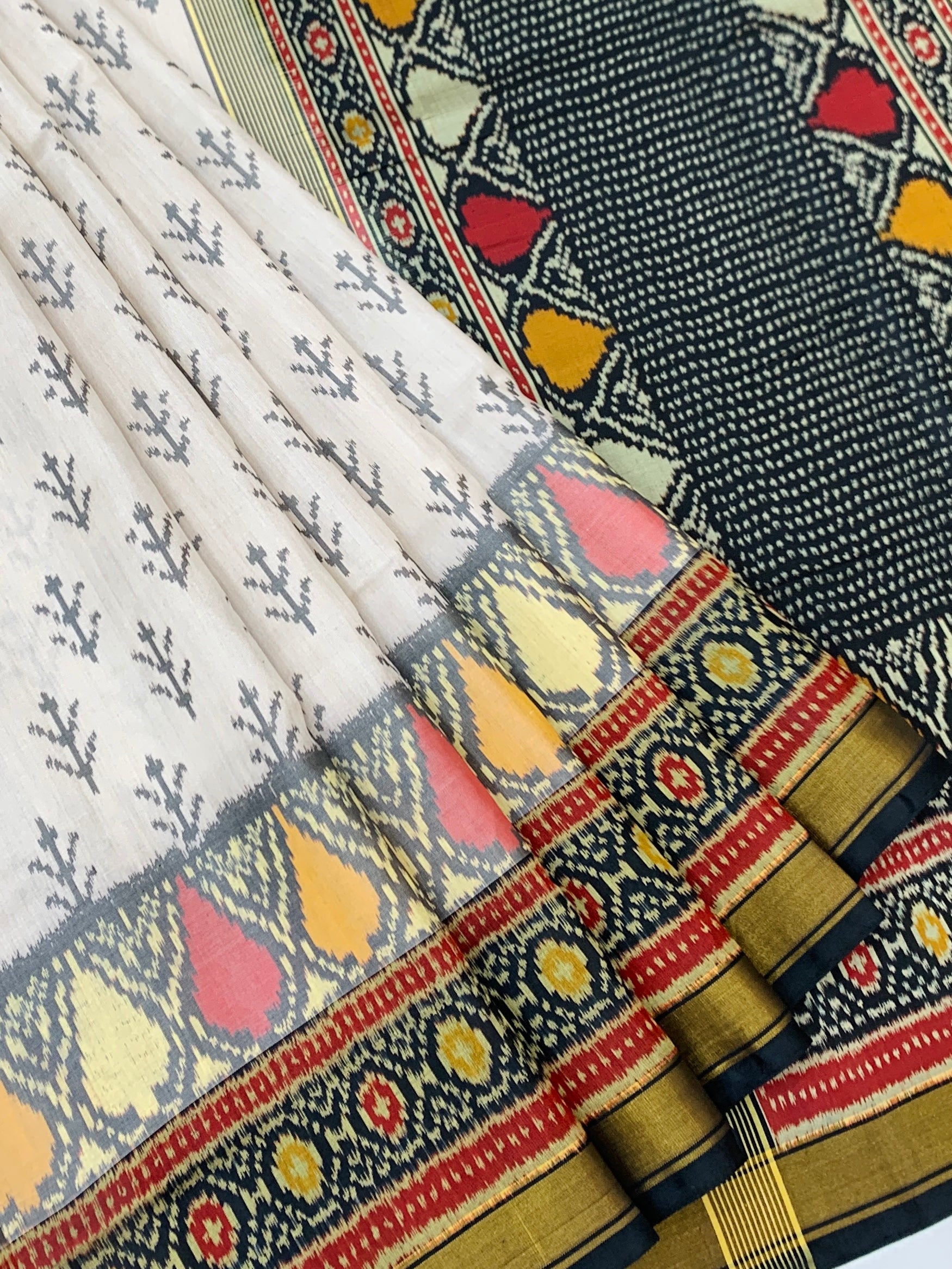Contemporary Ivory and Charcoal Grey Rajkot Patola Silk Saree