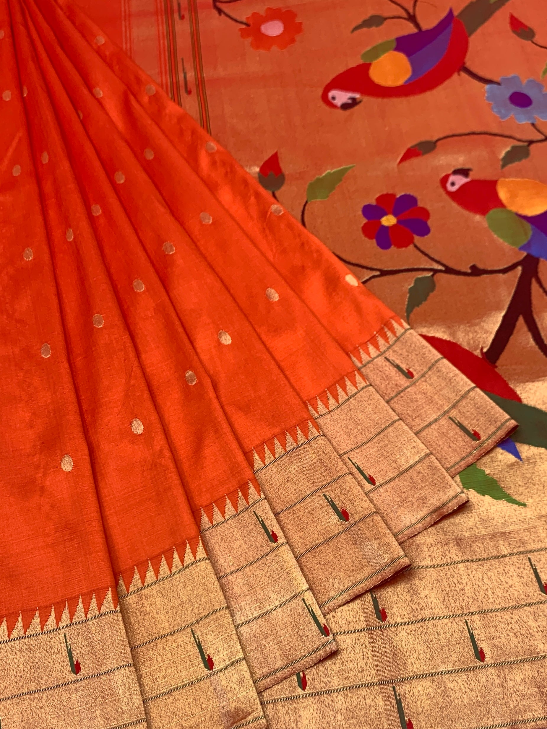 Vibrant Tangerine & Gold Tissue Paithani Silk Saree with Heritage Parrot Pallu