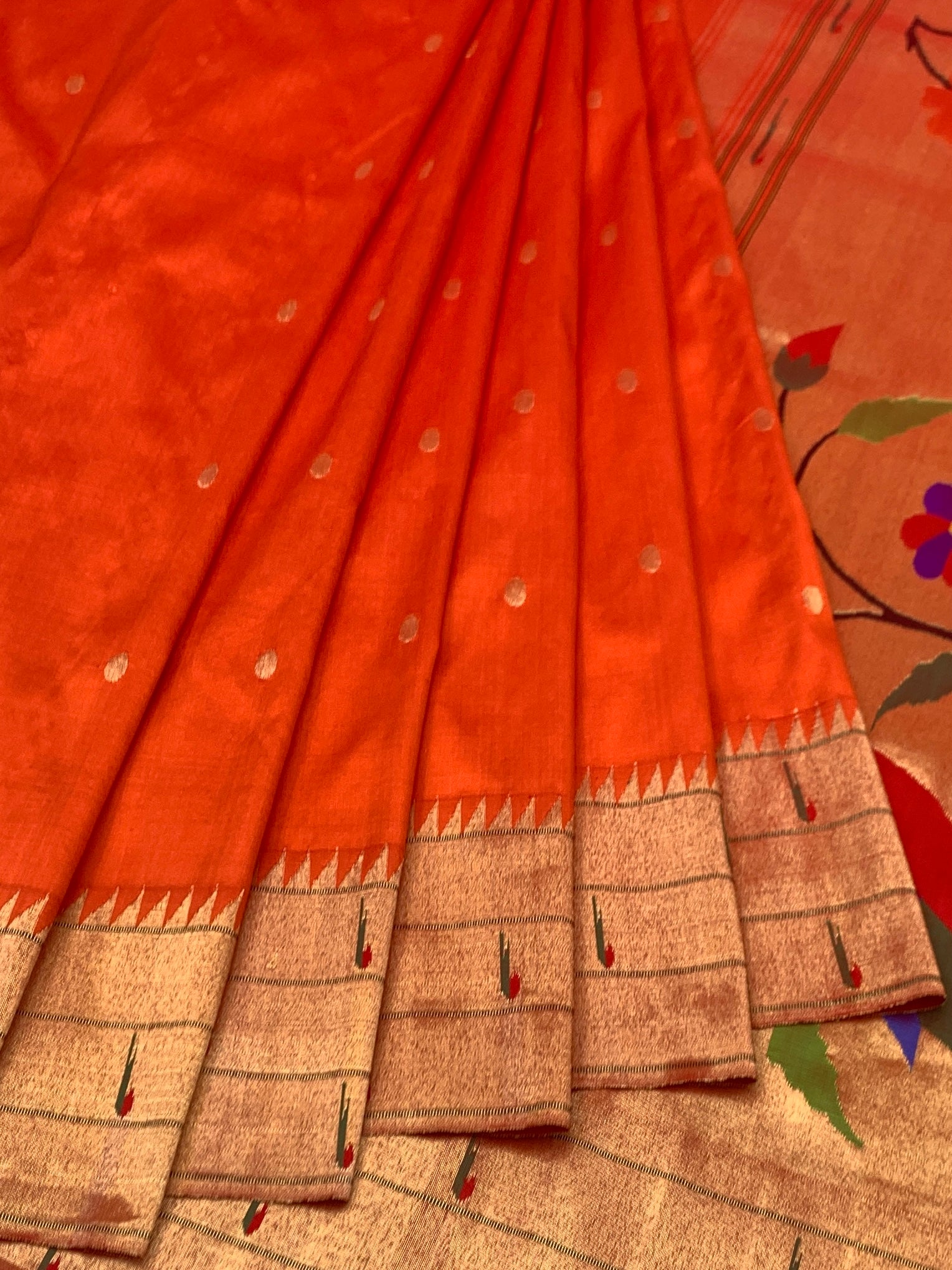 Vibrant Tangerine & Gold Tissue Paithani Silk Saree with Heritage Parrot Pallu