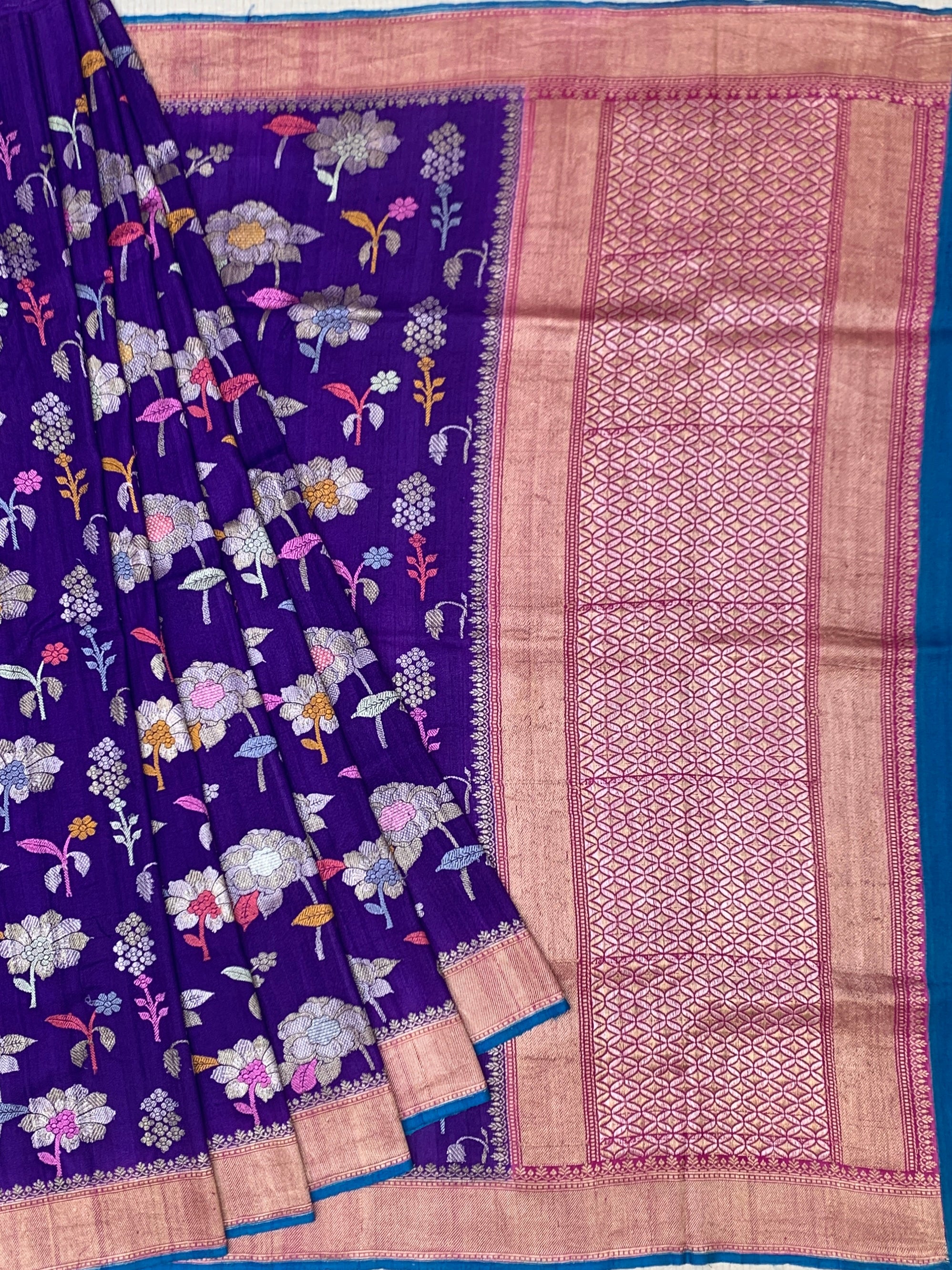Royal Purple Tussore Georgette Saree with Floral Jaal & Contrast Peacock Blue Blouse