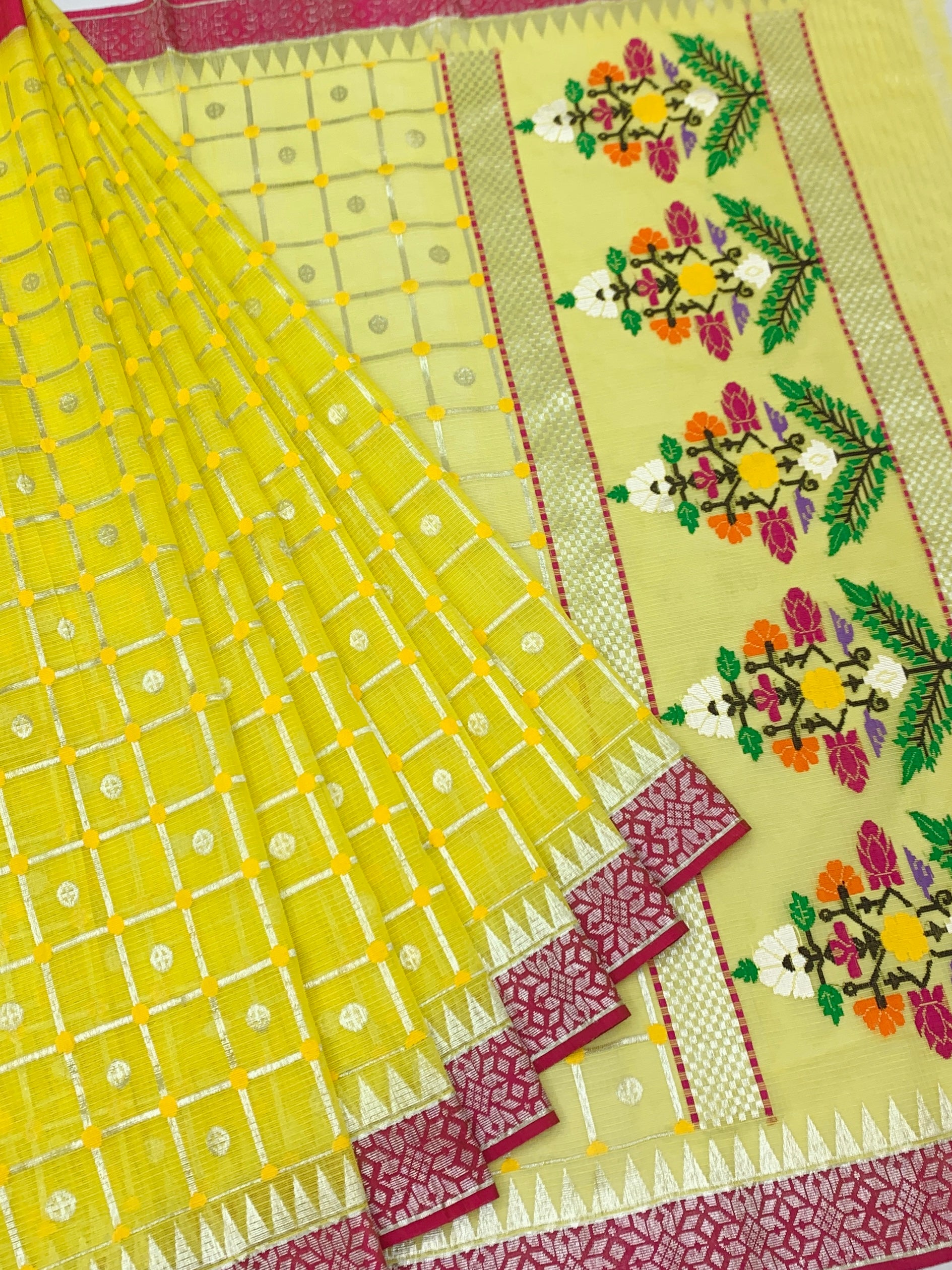 Bright Yellow Zari Kota Saree with Floral Tree Pallu & Rani Pink Blouse