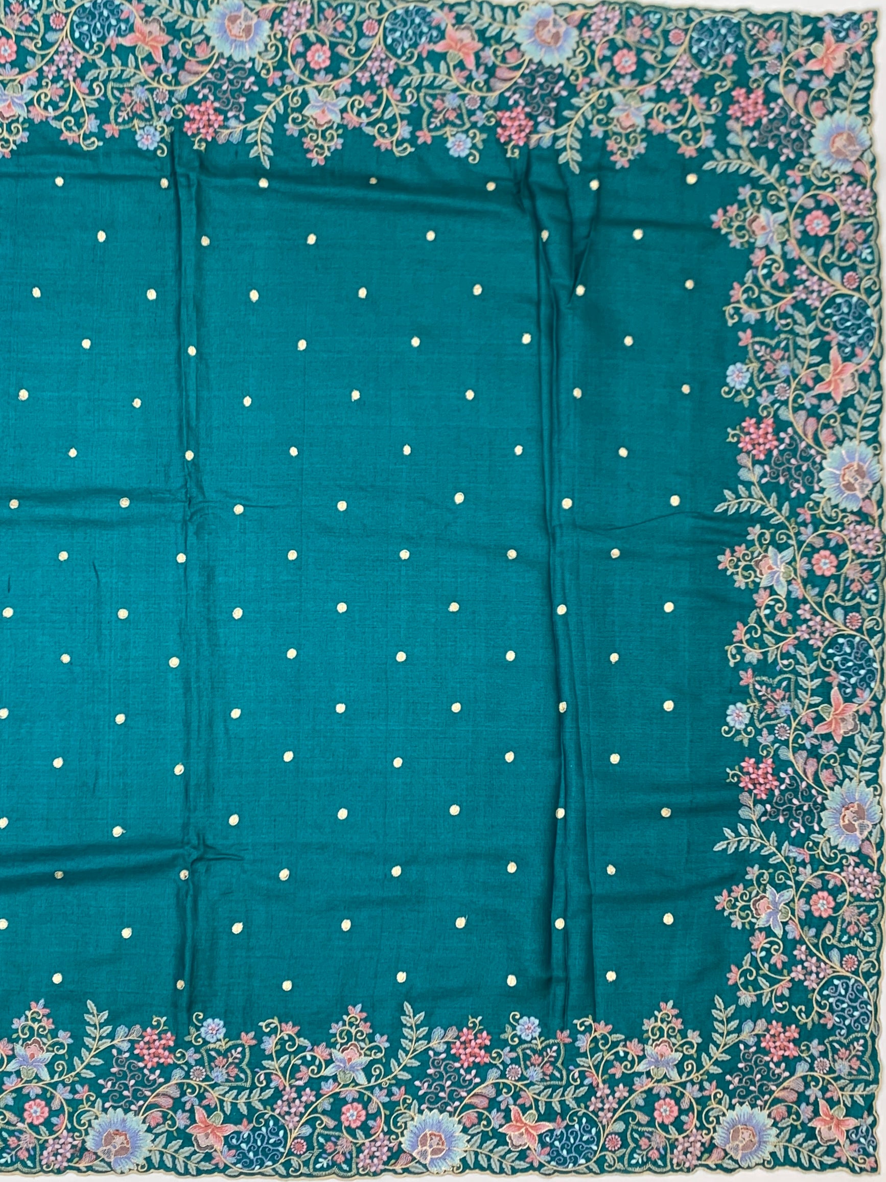 Teal Blossom: Hand-Embroidered Tussar Silk Saree with Designer Blouse