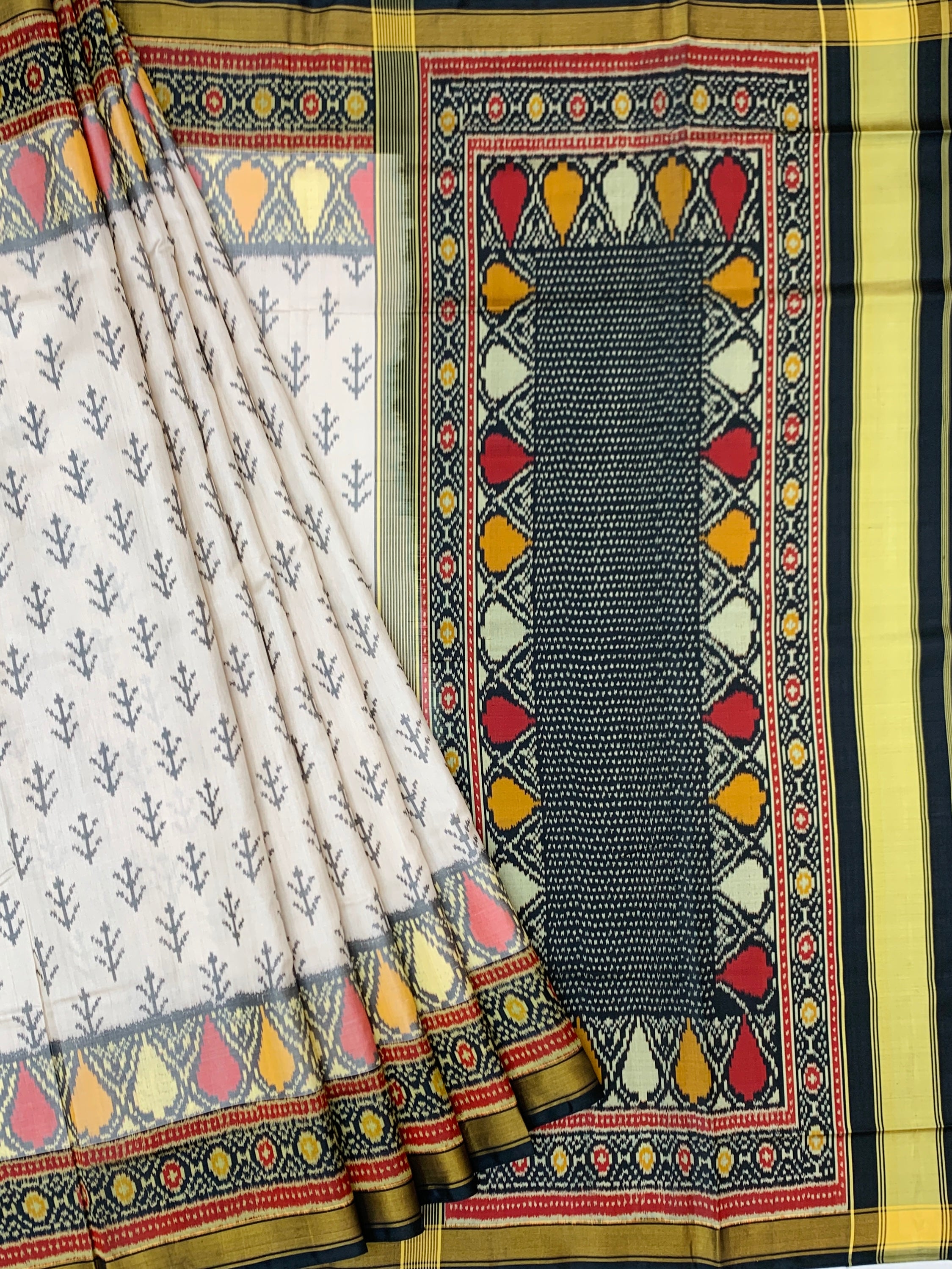 Contemporary Ivory and Charcoal Grey Rajkot Patola Silk Saree