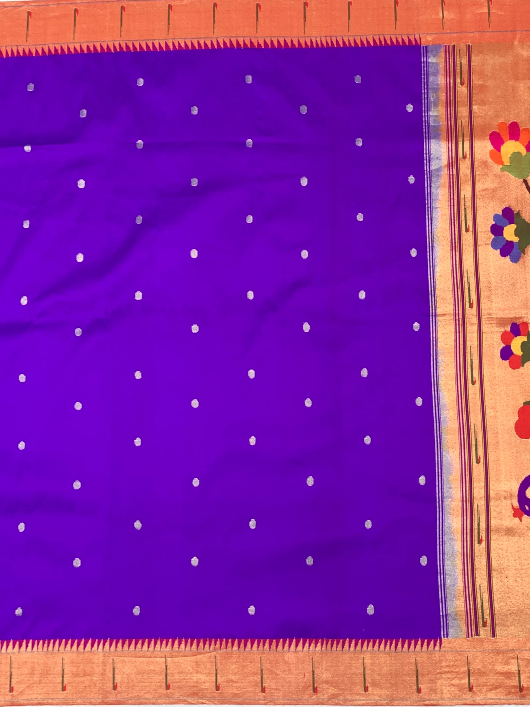 Pristine Silver-White Paithani Silk Saree with Vibrant Floral Pallu