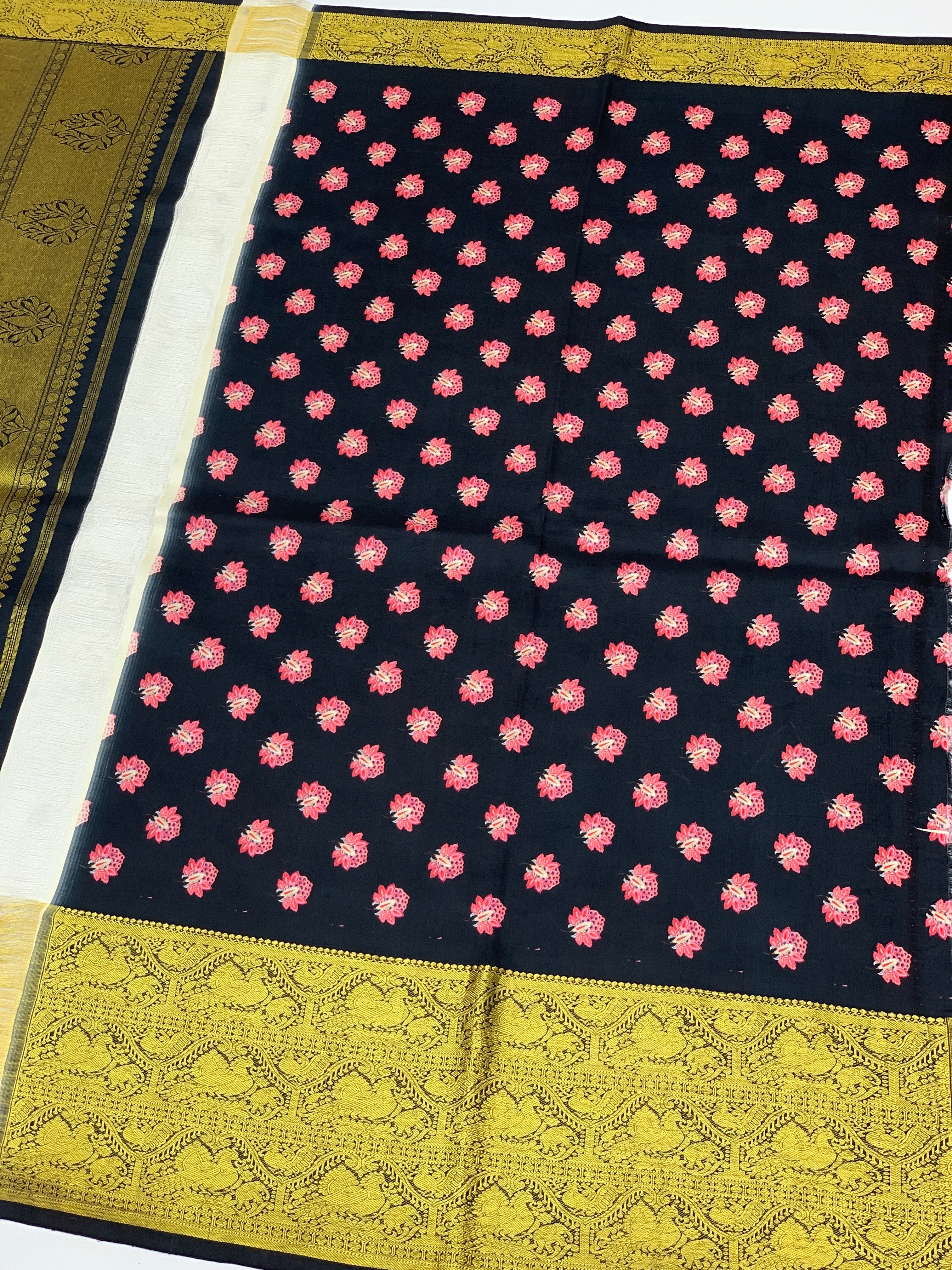 Midnight Black Floral Symphony Printed Kanjeevaram Saree