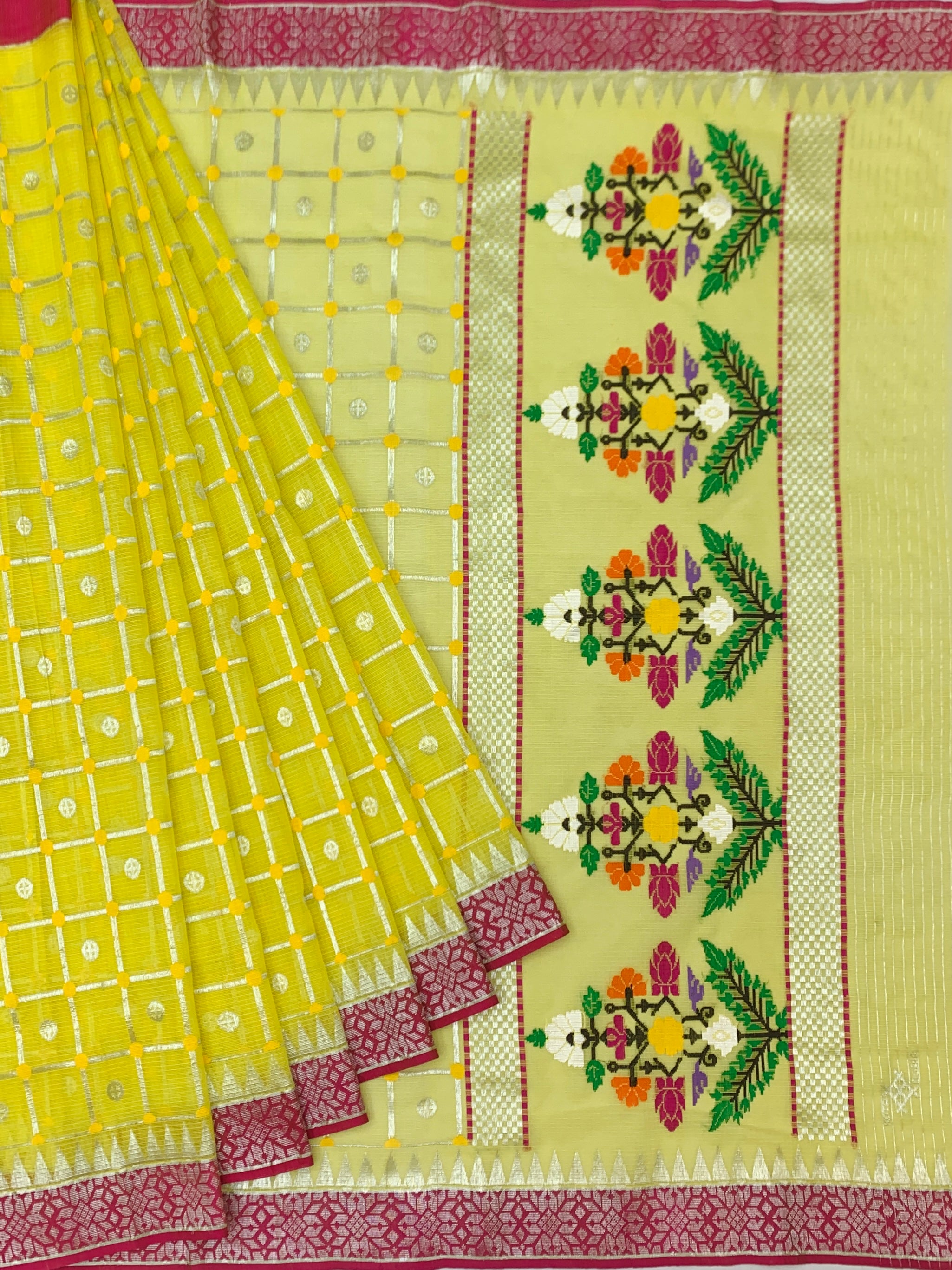 Bright Yellow Zari Kota Saree with Floral Tree Pallu & Rani Pink Blouse