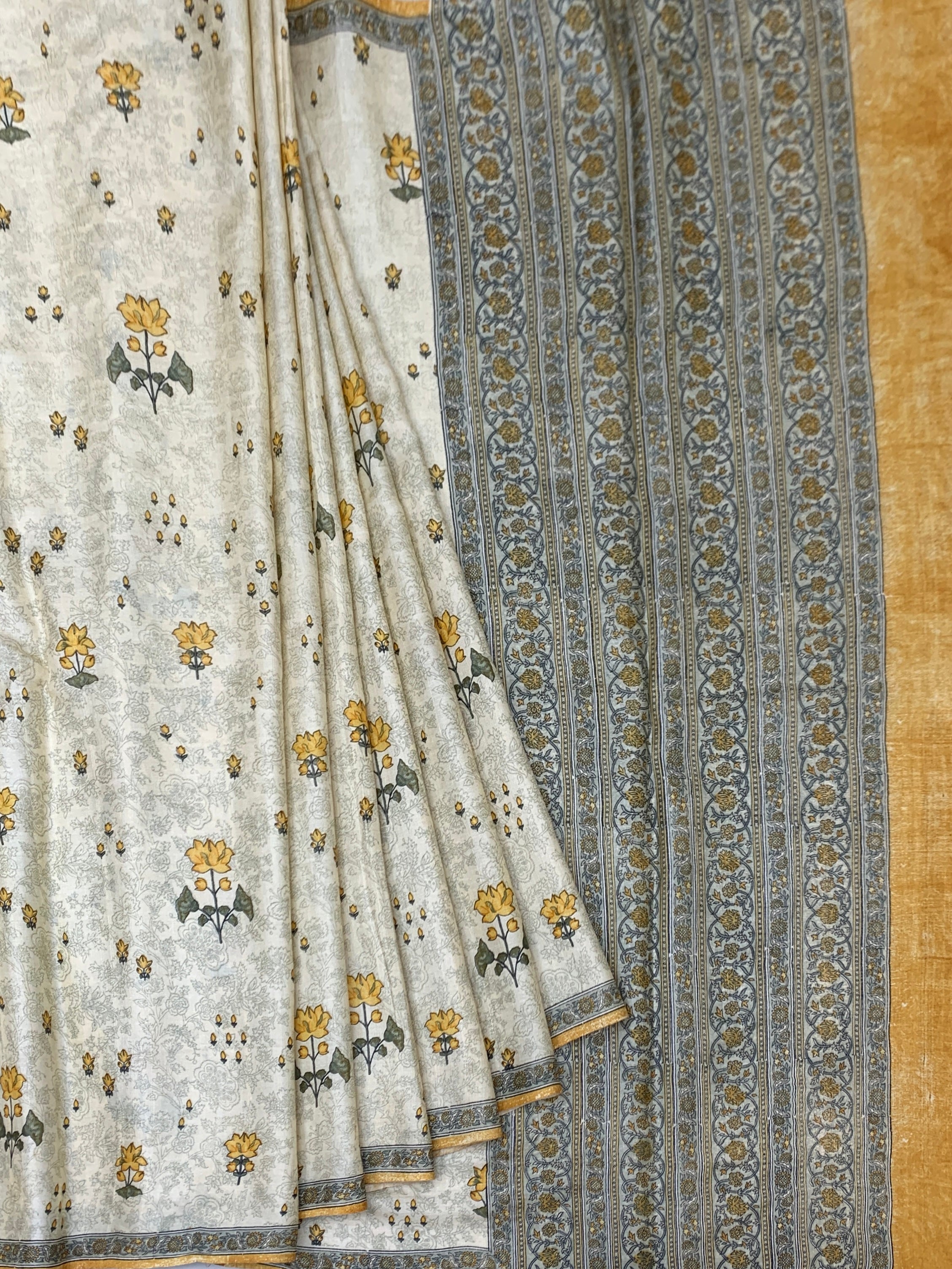 Detailed Hand-Printed Ivory Tussar Silk Saree with Mustard Yellow Rose Motifs