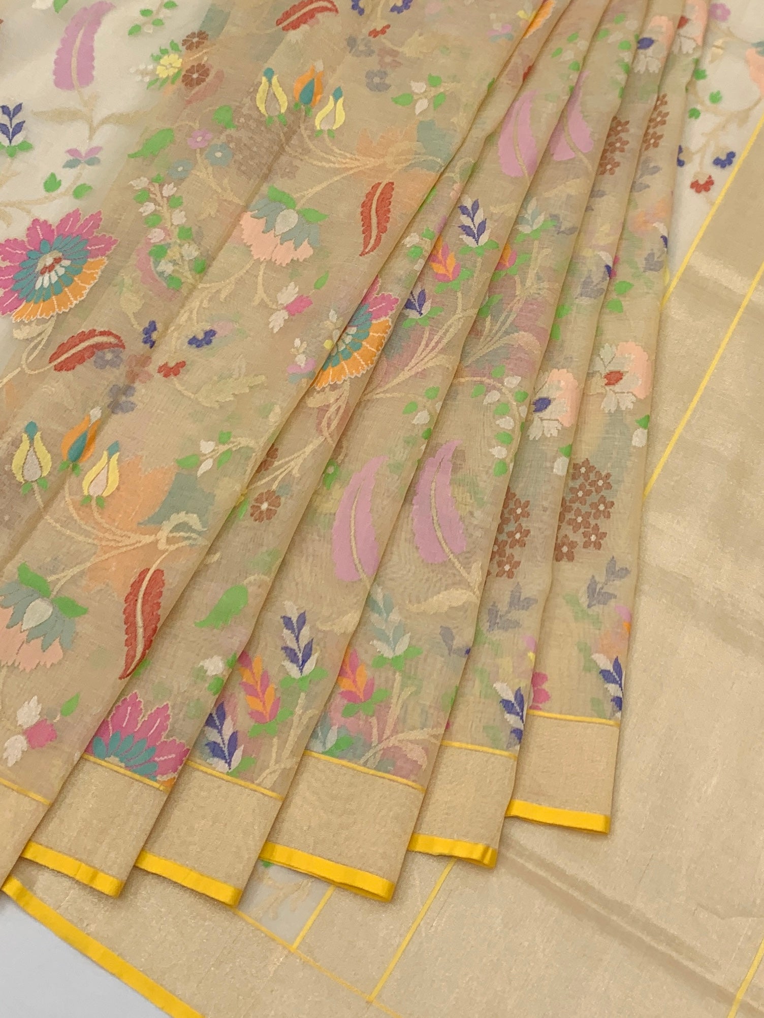 Ethereal Beige Cotton Jamdani Saree with Multi-Color Botanical Florals