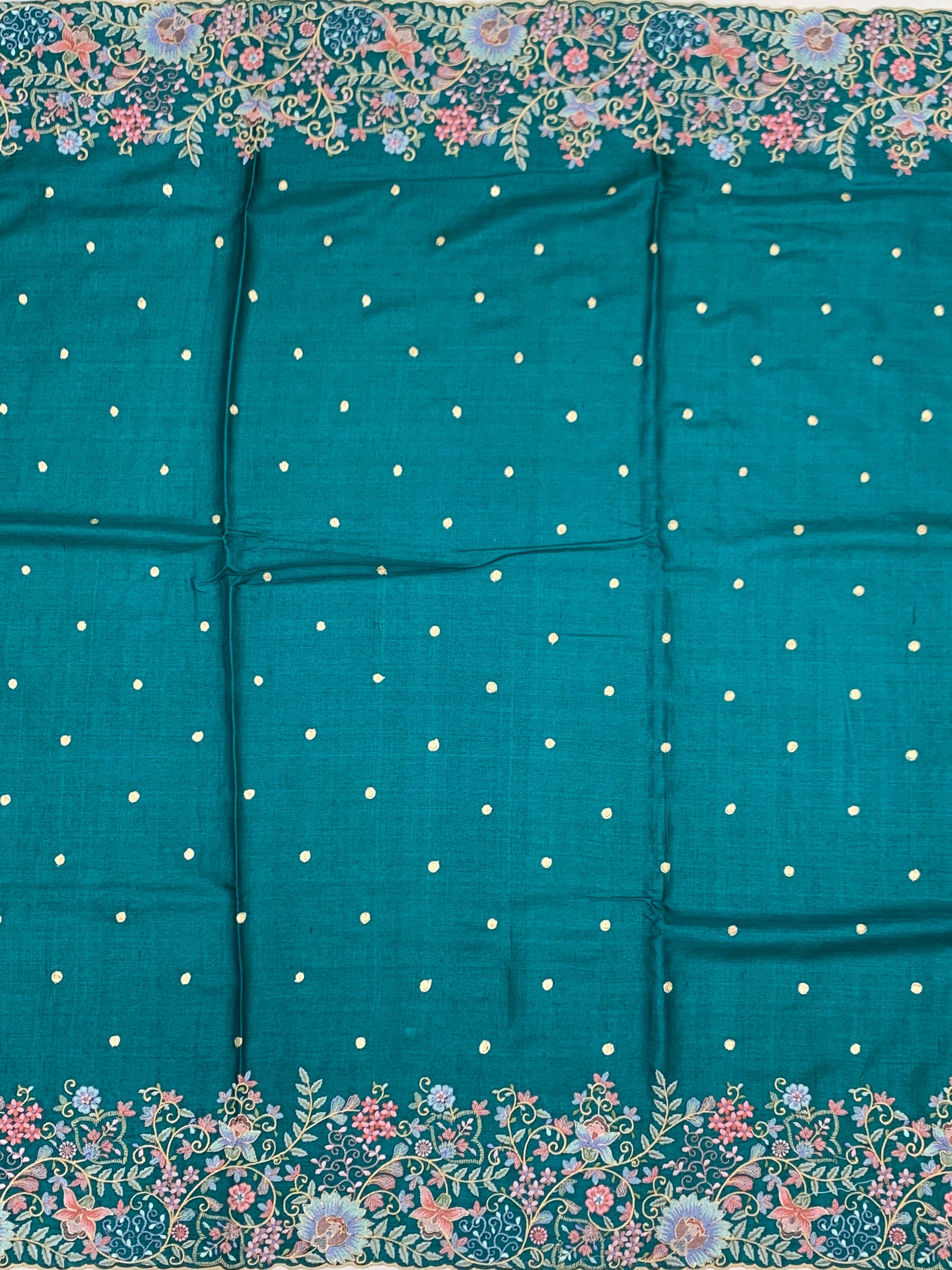 Teal Blossom: Hand-Embroidered Tussar Silk Saree with Designer Blouse