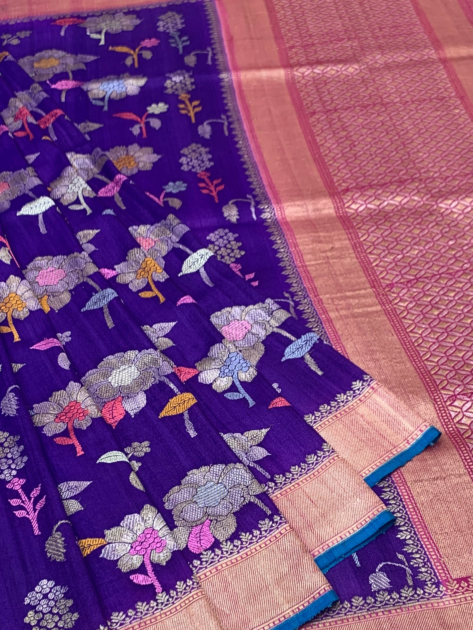 Royal Purple Tussore Georgette Saree with Floral Jaal & Contrast Peacock Blue Blouse