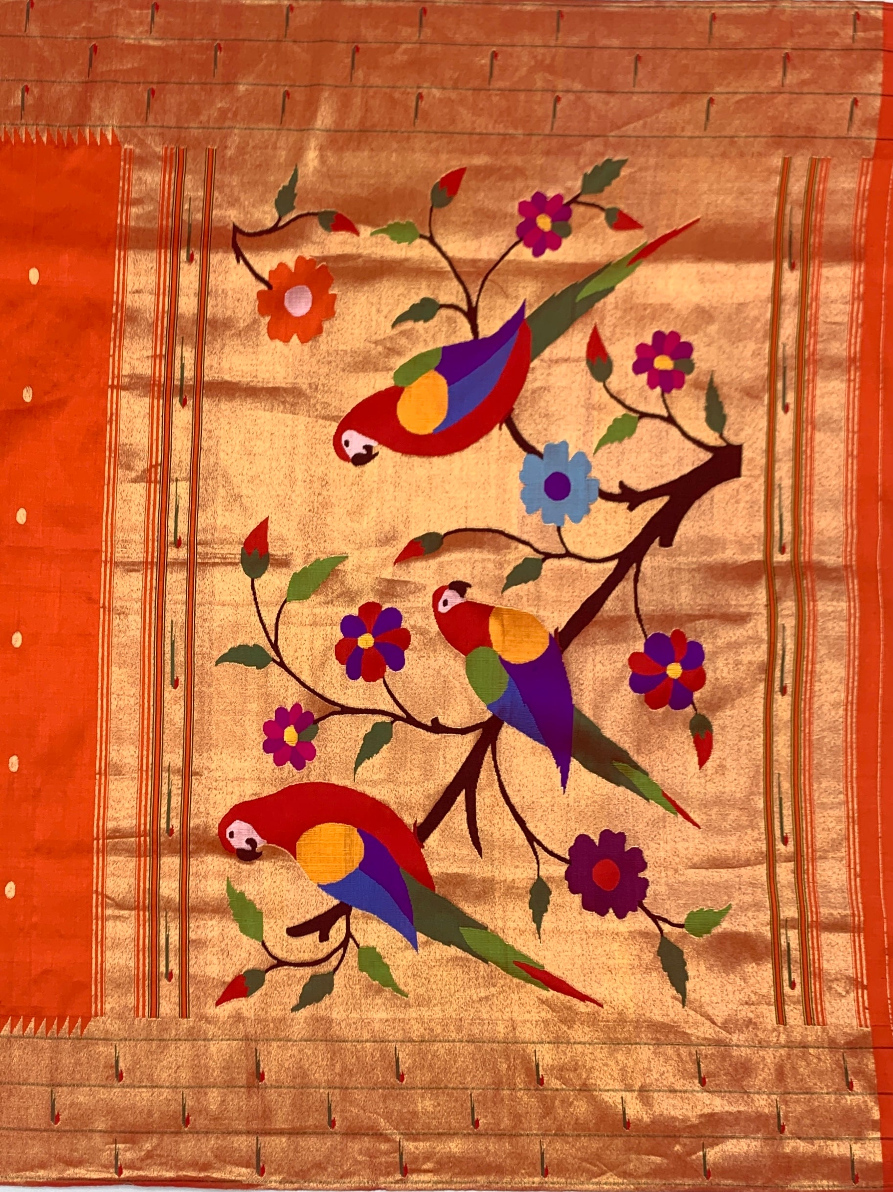 Vibrant Tangerine & Gold Tissue Paithani Silk Saree with Heritage Parrot Pallu