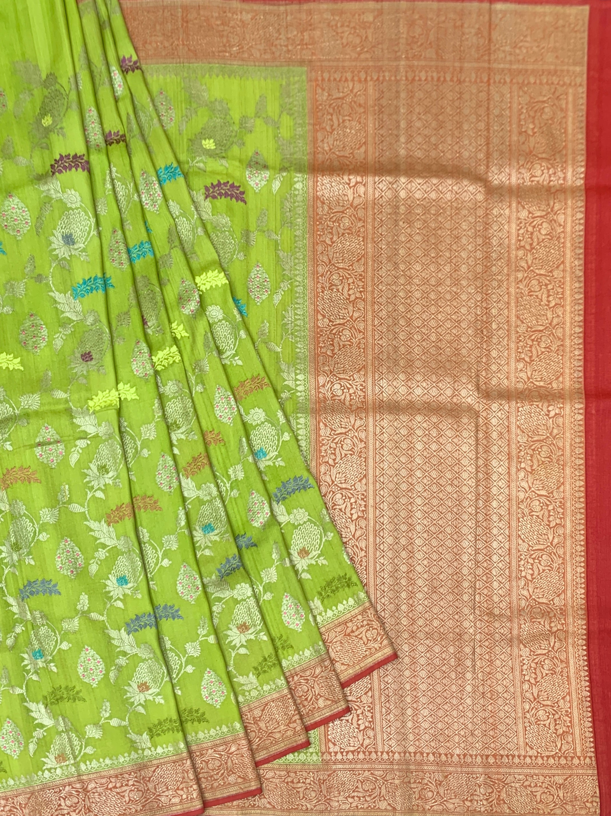Vibrant Lime Green Tussore Georgette Saree with Meenakari Florals and Coral Red Blouse