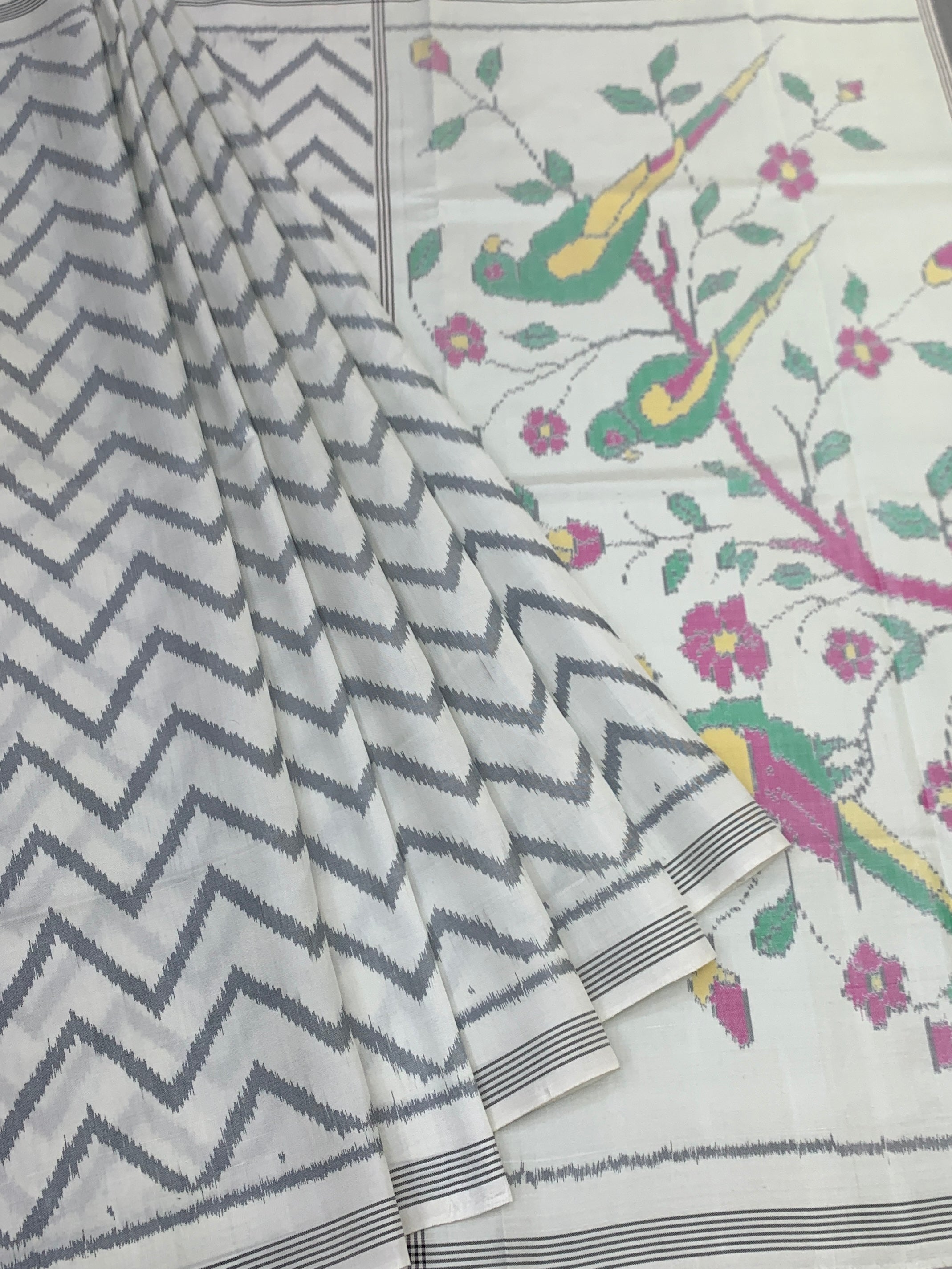 Ivory Chevron Ikat Patola Saree with Scenic Popat Pallu