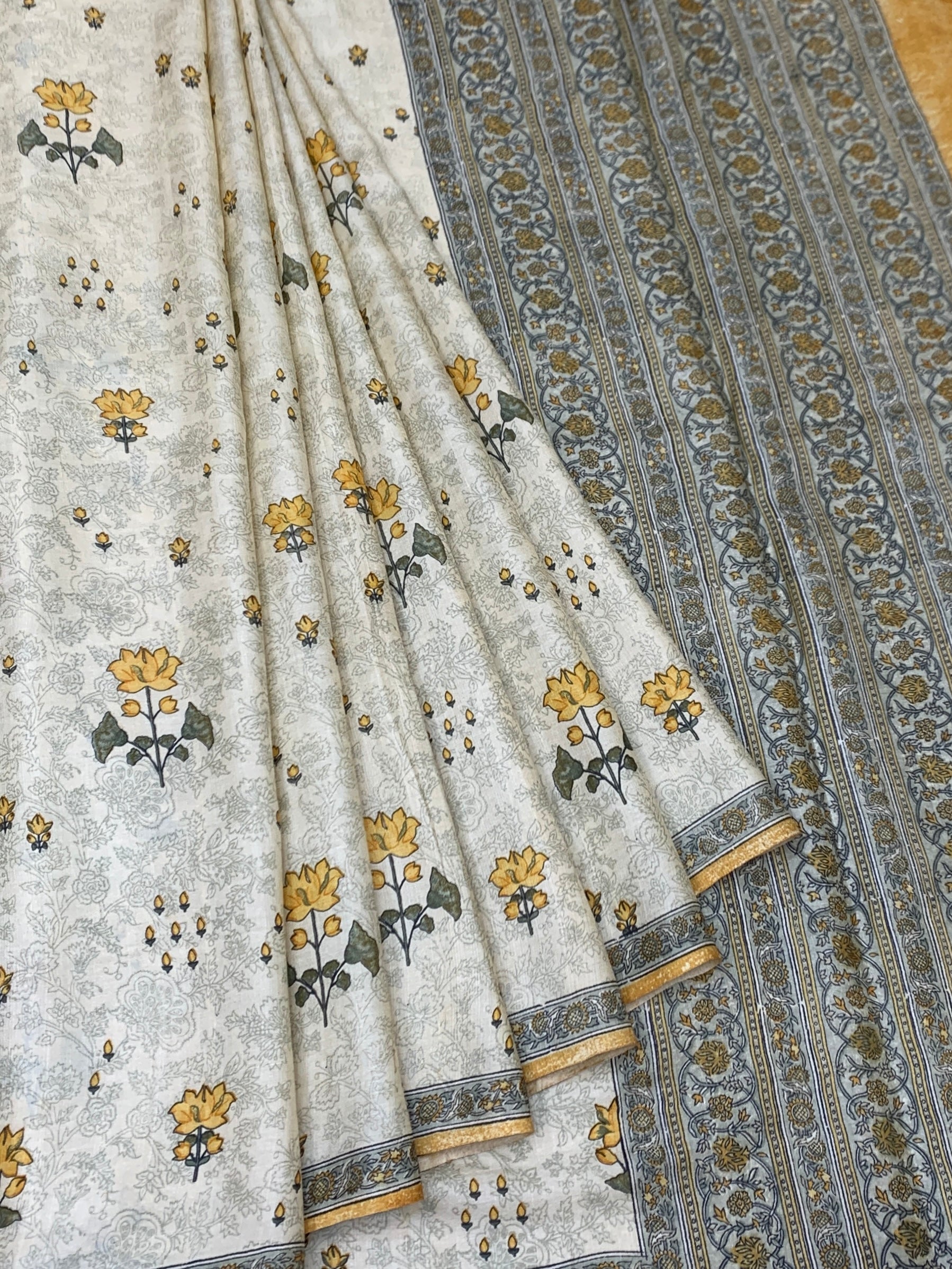 Detailed Hand-Printed Ivory Tussar Silk Saree with Mustard Yellow Rose Motifs