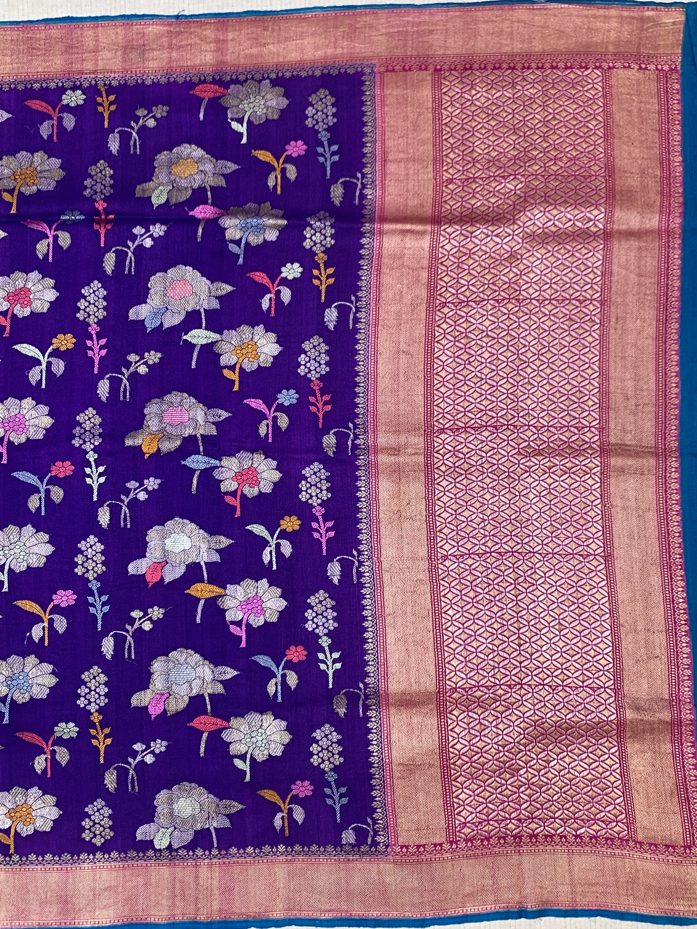 Royal Purple Tussore Georgette Saree with Floral Jaal & Contrast Peacock Blue Blouse