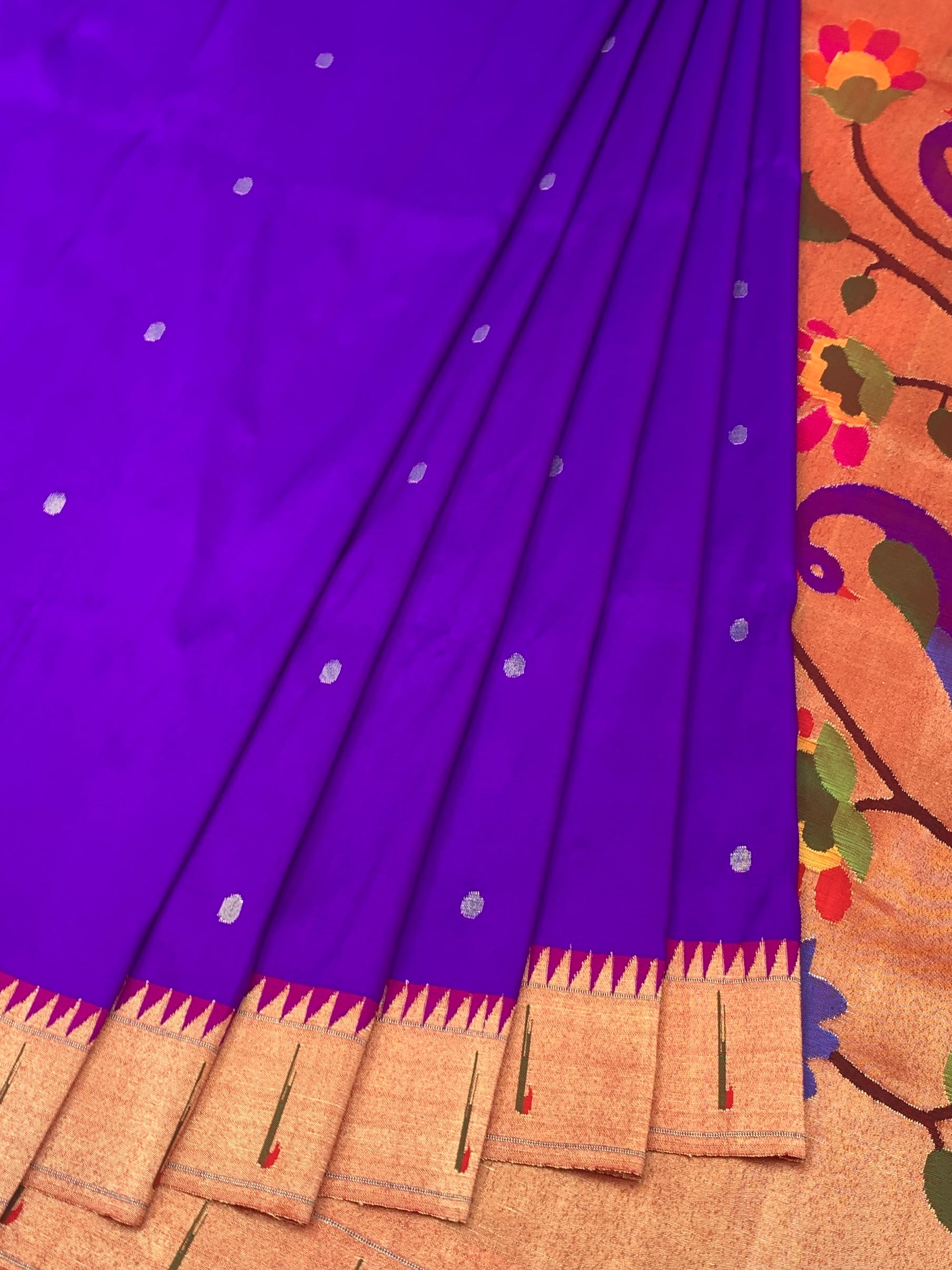 Pristine Silver-White Paithani Silk Saree with Vibrant Floral Pallu