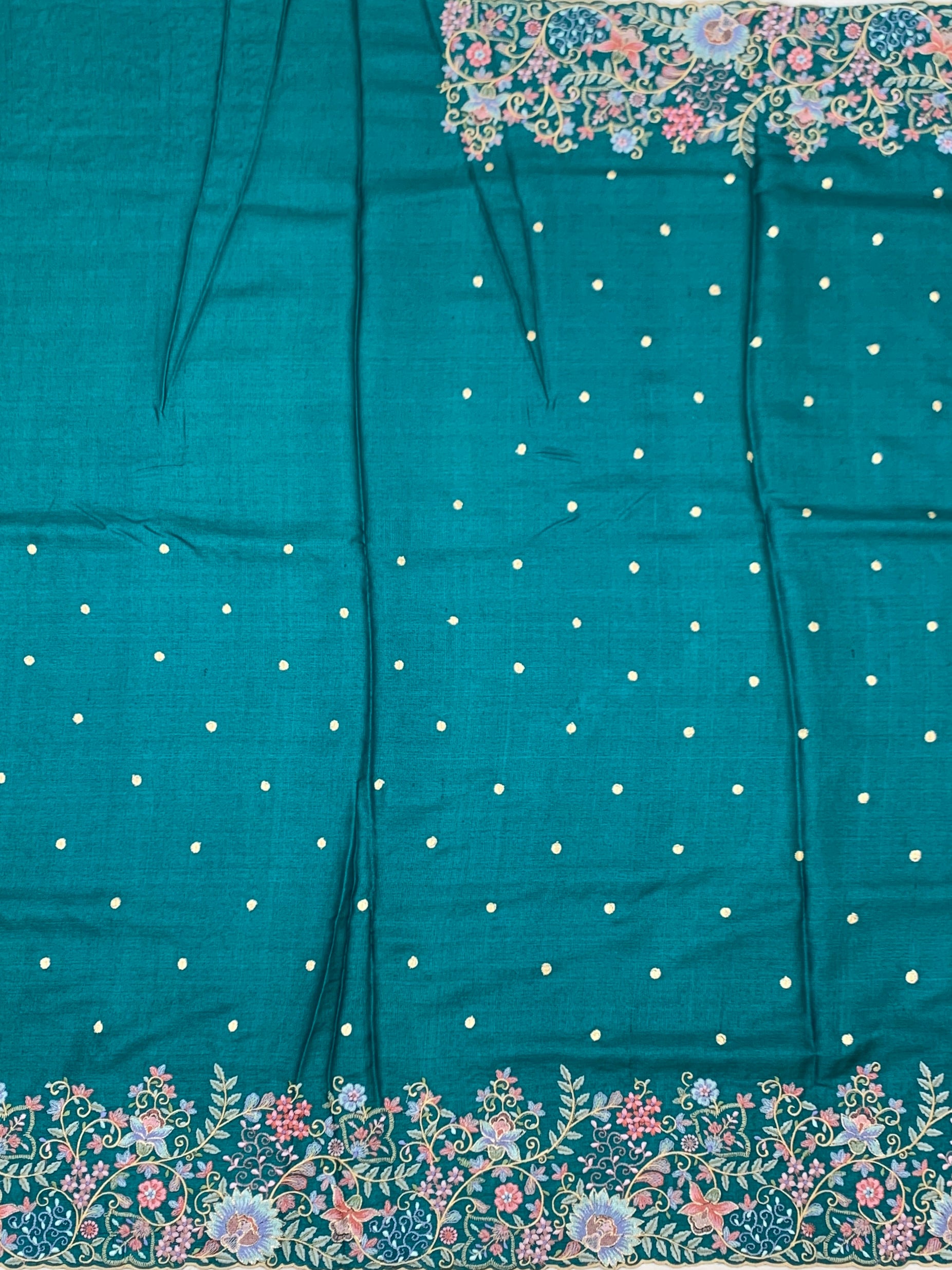 Teal Blossom: Hand-Embroidered Tussar Silk Saree with Designer Blouse